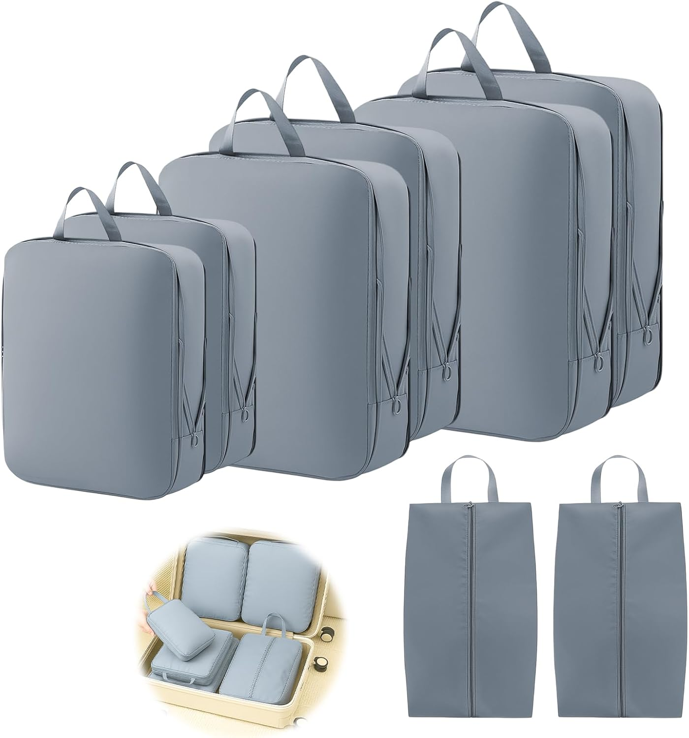 Compression Packing Cubes 8-Piece Set, Gray Polyester Travel Organisers for Luggage, Makeup & Bedroom Storage, Modern Minimalist Style with Large Medium Small Cubes (2 Each) and 2 Shoe Bags image number 2