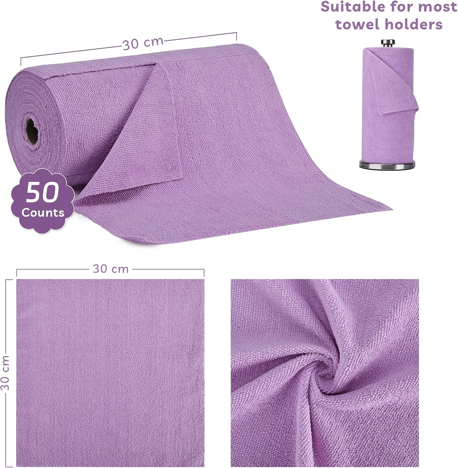Socrates Microfiber Cleaning Cloth Roll &ndash; 50 Tear-Away Microfibre Cloth Sheets, Ultra-Absorbent, Reusable, Washable, Quick-Dry Microfibre Towels for Kitchen or Car in (Purple)