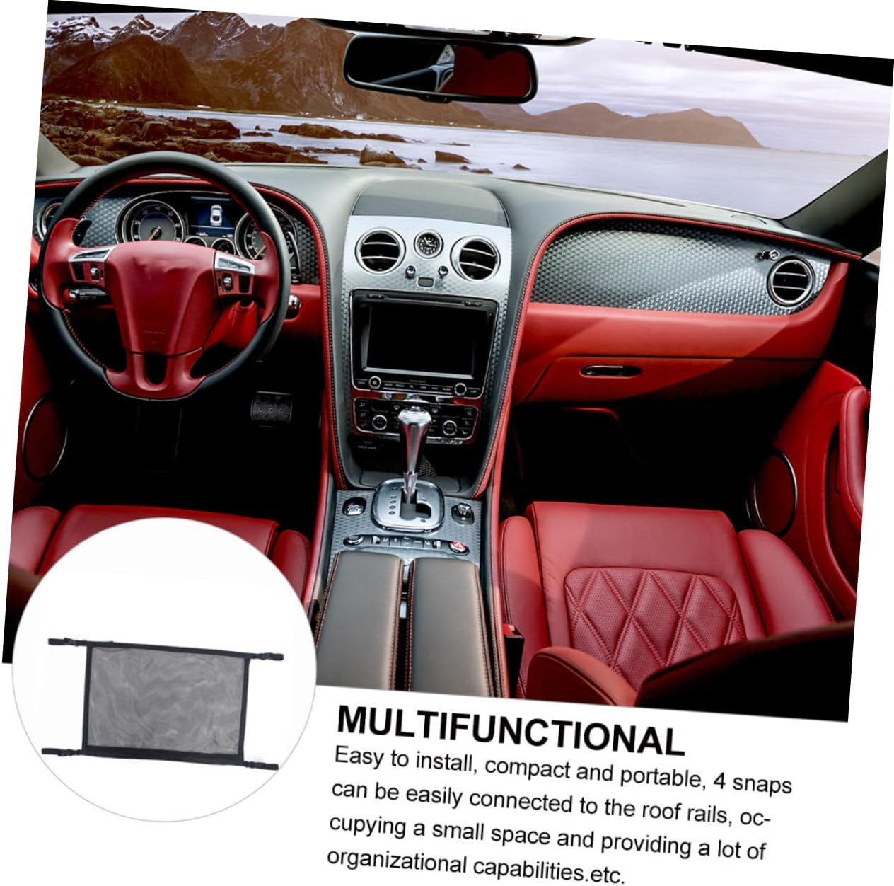 STAHAD Adjustable Car Roof Mesh Bag Organizer with Zippered Straps Breathable Polyester Storage Net for Clothes Pillows Blankets Interior Hanging Pouch for Vehicle Ceiling image number 3