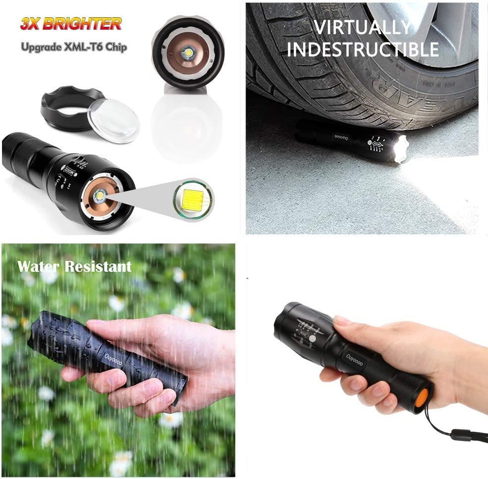 [2 Packs] LED Torches, OUYOOOO High Lumens XML T6 Flashlights with Adjustable Focus and 5 Light Modes, Water Resistant Torch for Emergency, Power Outage, Camping, Hiking