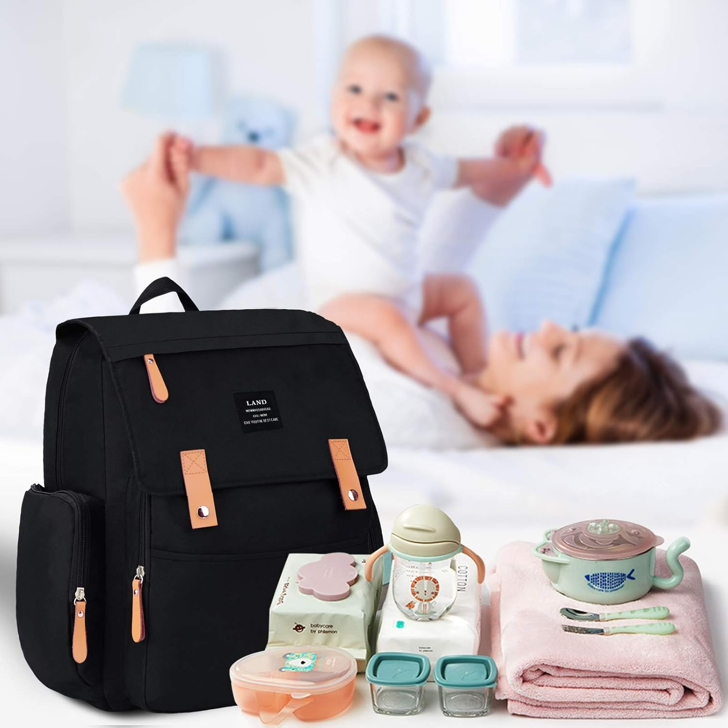 Land Backpack Diaper Bag for Mom/Dad, Baby Care Nappy Bag for Boys/Girls, Waterproof Travel Knapsack, Changing Pad (Pure Black) image number 2