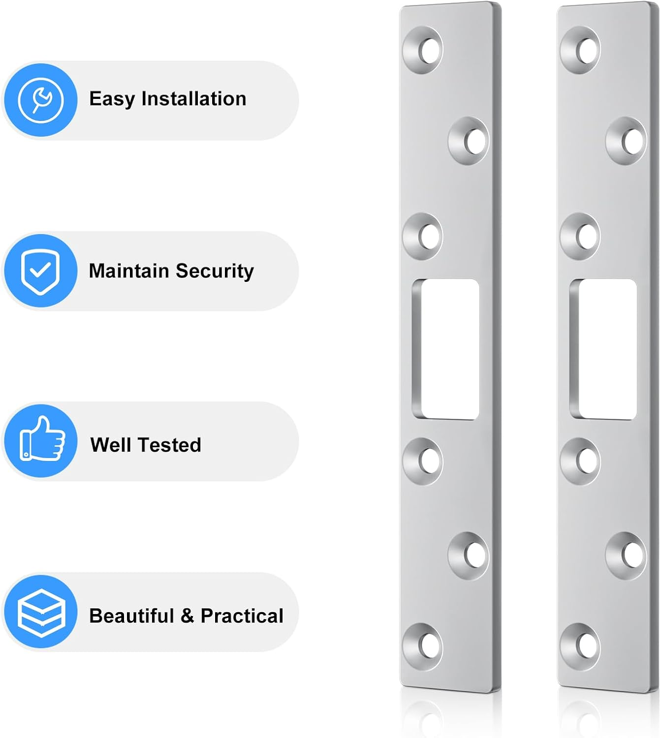 RO6G 72001 Brushed Satin Nickel Lock Short Strike Plate with 12 Screws, Door Knob/Deadbolt Cover Plate, Stainless Steel Security Latch Strike - 2 Set