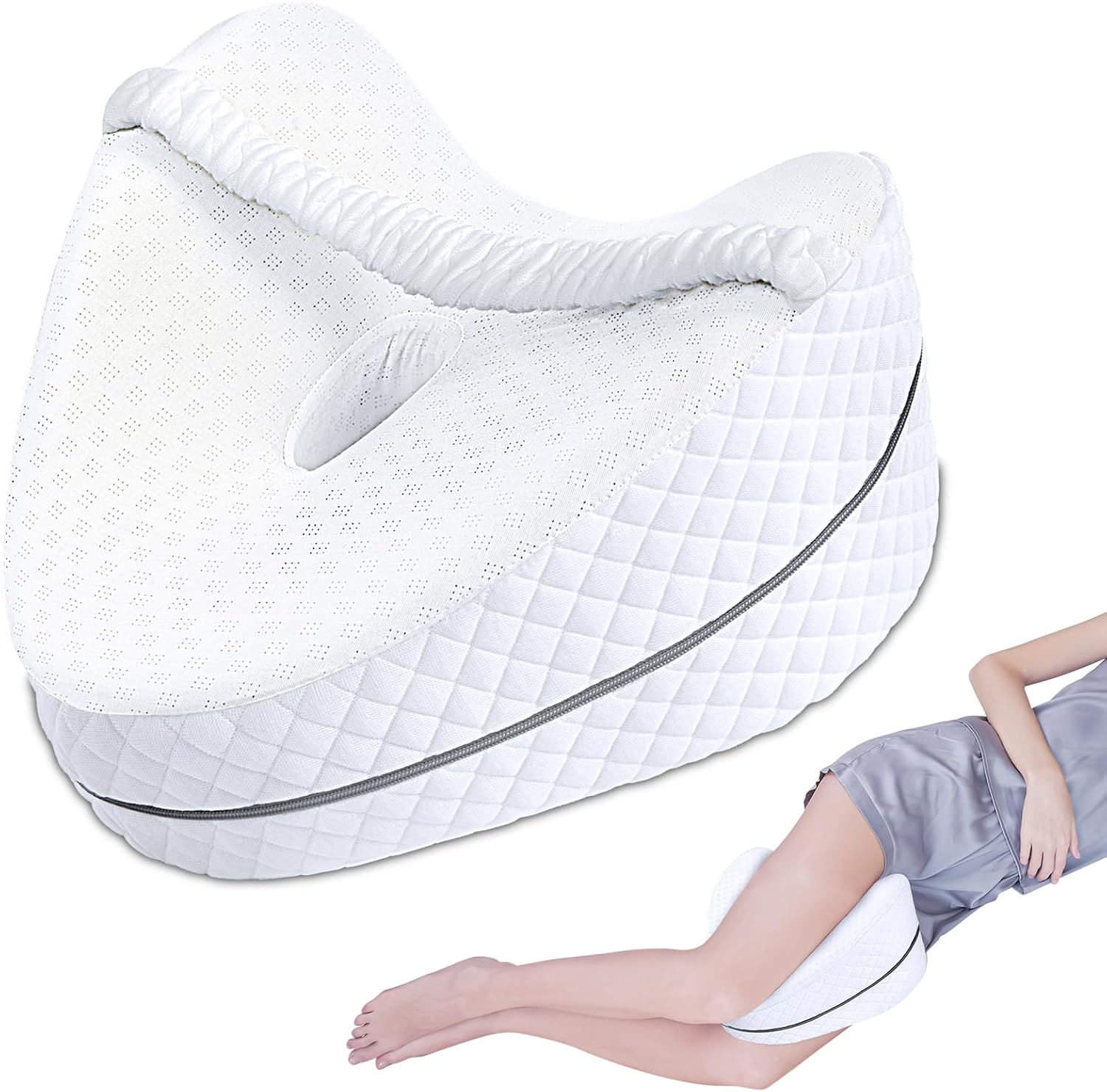 Knee Pillow, Soft Memory Foam Leg Pillows, Cool Ice Silk Hip Support Pillow for Side Sleeper, Body Pillow for Spine Alignment, Sciatica Relief, Post Injury Recovery - with Adjustable Strap (White) image number 3