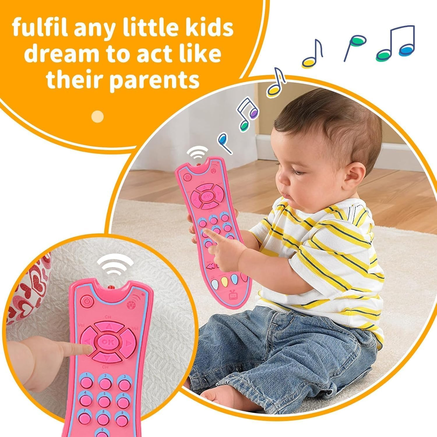 Kids Realistic TV Remote Control Toy with Musical Sound and Soft Light, Early Educational Toy with English Spanish and French 3 Language, Sensory Learning Toys for 6 12 18 Months+ Toddlers (Pink)