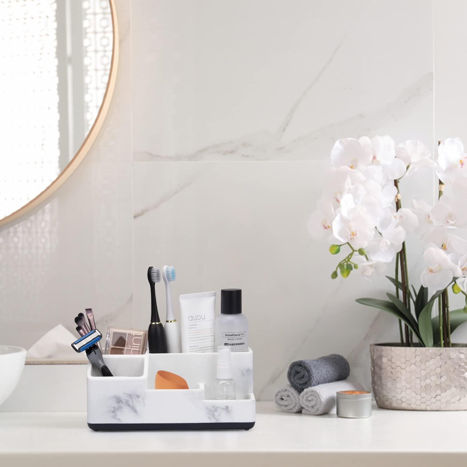 Richenda Toothbrush and Toothpaste Holder with Drainage, 5 Slots Bathroom Organizer Storage Caddy Countertop Anti-Slip Home Storage Organisation for Shower,Bath Products, Kitchen, White Marble - White Marble image number 5