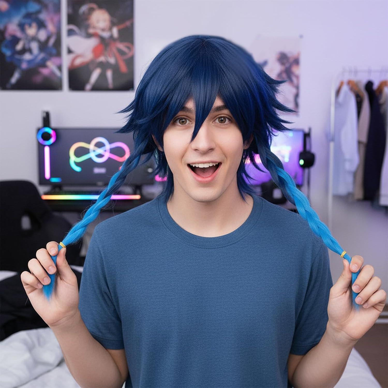 Heat Resistant Synthetic Wig with Braids Ponytails Bangs + Cap, Dark Blue Cosplay Wig for Halloween, Soft & Natural Look - Ruibex image number 2