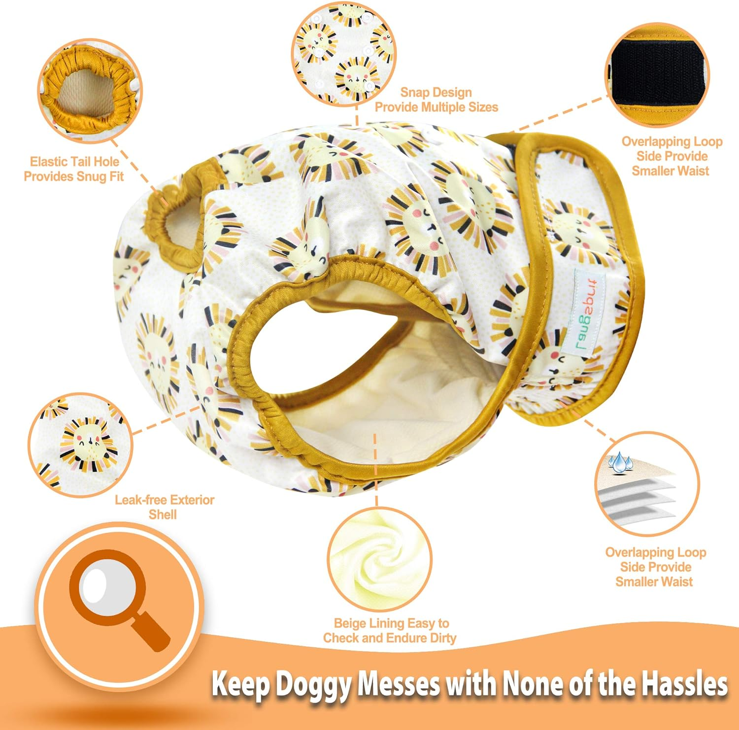 Langsprit Washable Female Dog Diapers (3 Pack) - No Leak Reusable Diapers for Doggy Female in Period - Highly Absorbent Dog Heat Panties with Adjustable Snaps (Rabbit, Owl, Lion, Medium) image number 7