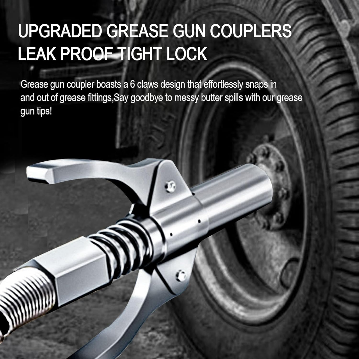 Grease Gun Coupler Grease Gun Tips,Quick Lock Double Handles Grease Gun Tip with 6 Thickened Claws,Rated 12,000Psi,Compatible with All Grease Guns,Suitable for Automobiles Ships Farm Machinery. image number 2