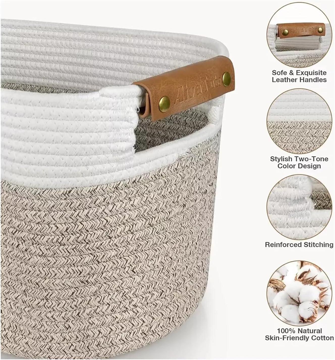 3Pc Foldable Woven Storage Baskets: Detachable Handles - 100% Cotton Rope for Clothing, Toy and Home Organization​(White+Beige,3) - Black image number 6