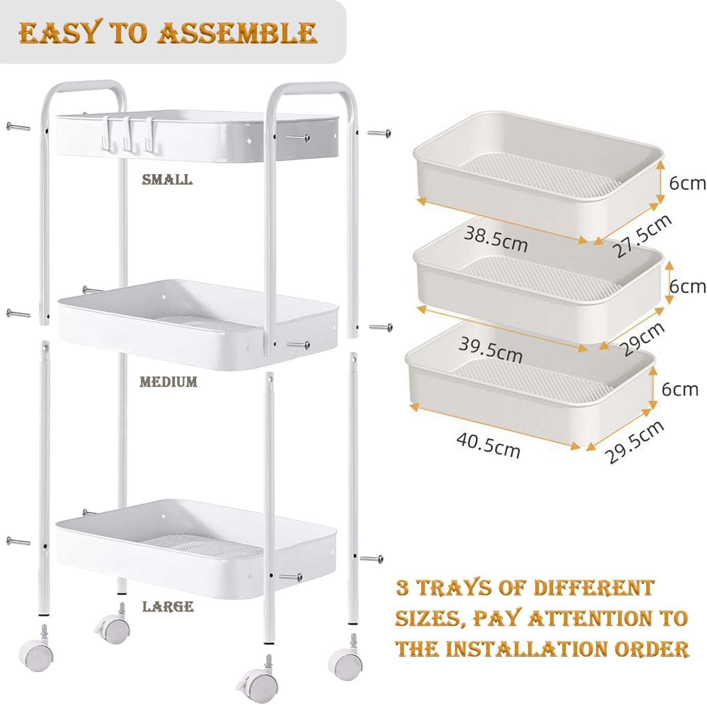 3 Tier Metal Rolling Storage Cart with Lockable Wheels Bathroom Cart Organizer Laundry Room Organizer Utility Cart Mobile Shelving Unit Multi-Functional Shelves for Office, Kitchen, Bathroom, White image number 2