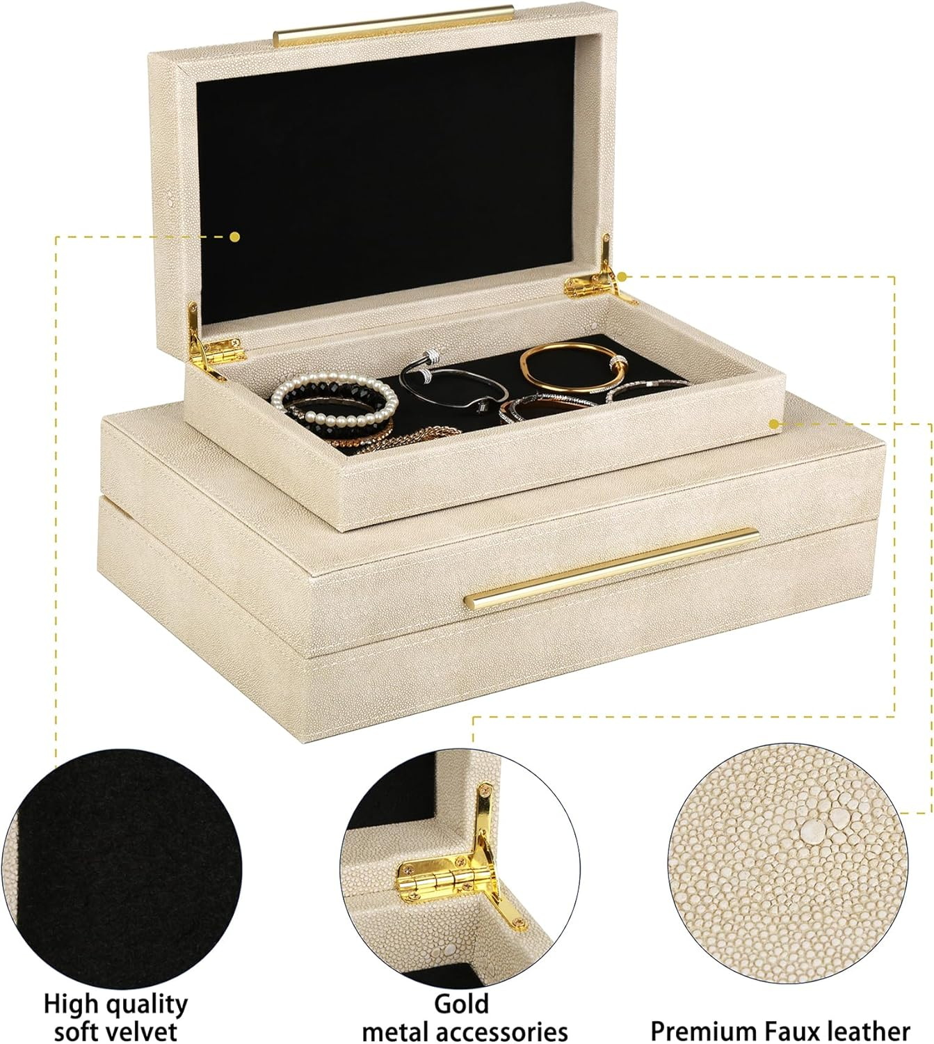 Hofferruffer Faux Leather Decorative Boxes Set of 2, Large Nesting Keepsake Box Accessory Organizer Jewelry Organizer with Hinged Lid, Stacking Storage Box Container for Home or Office (Light Grey)