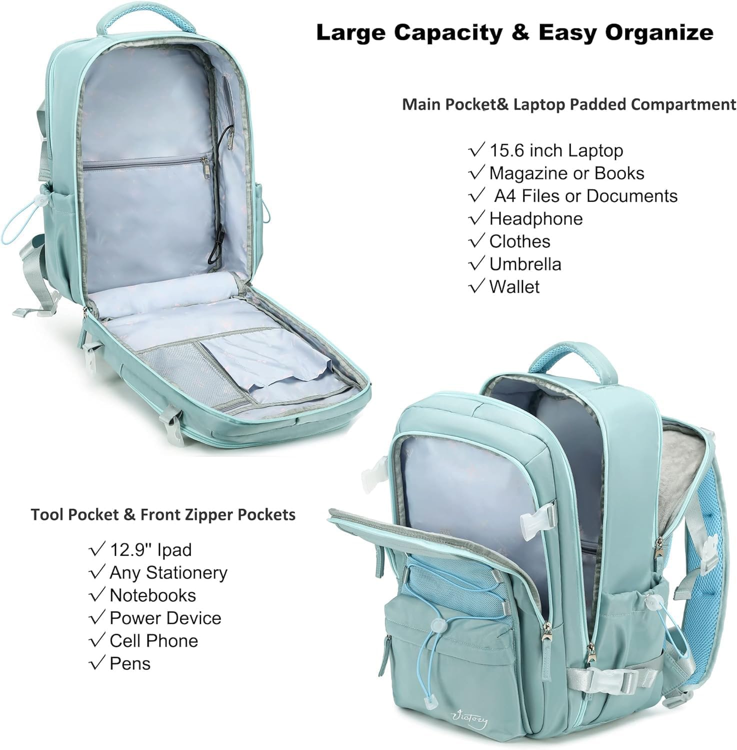 AO ALI VICTORY Travel Backpack for Women Men Laptop Backpacks with USB Port Carry on Backpack Large School College Bookbags image number 2