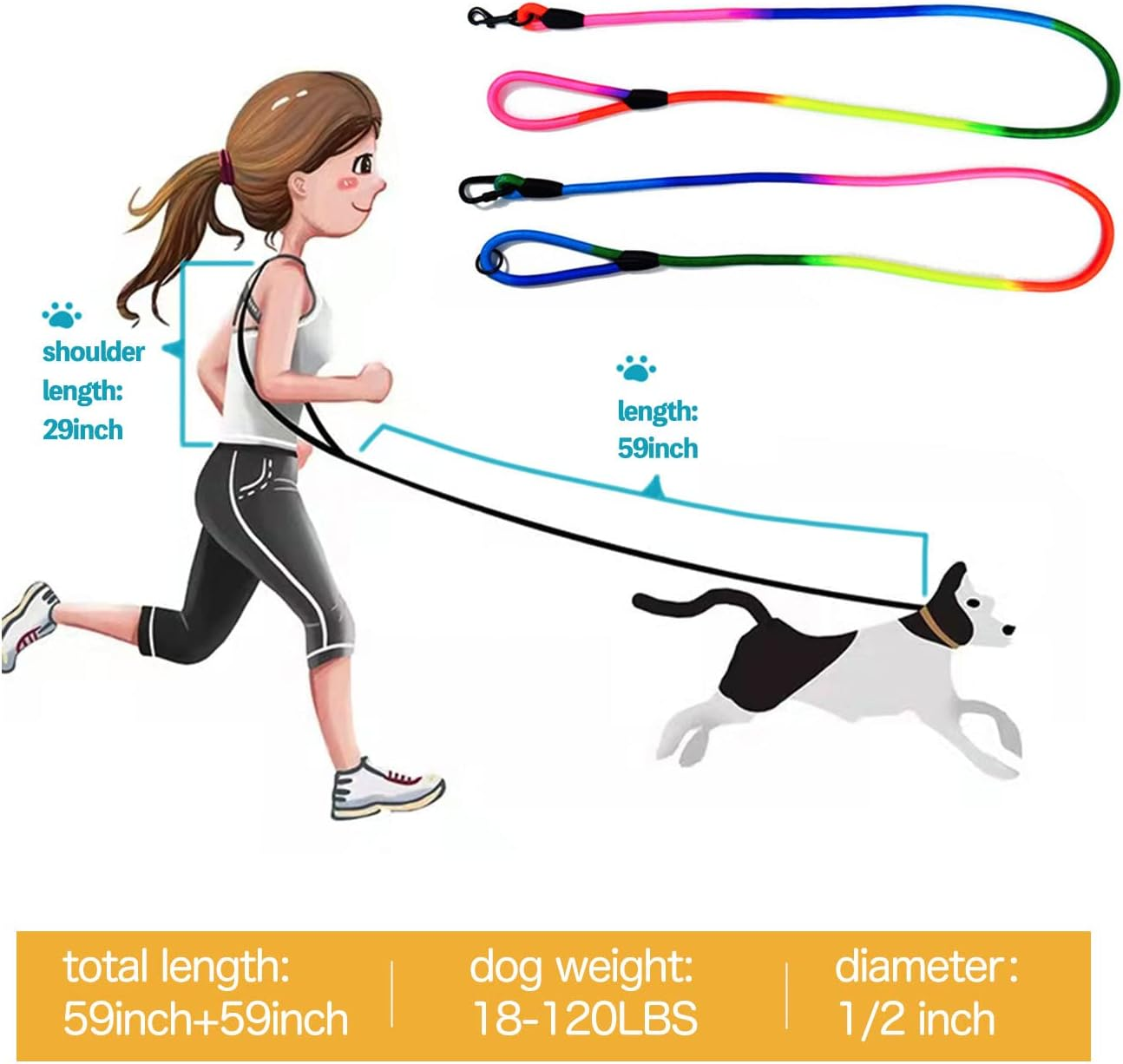 JOPOY Hands Free Dog Leash 9.8Ft Rope Crossbody Dog Leash Reflective for Large Medium Small Dogs Walking, Jogging and Running，Dog Training Leash (Rainbow, 9.8Ft) image number 5