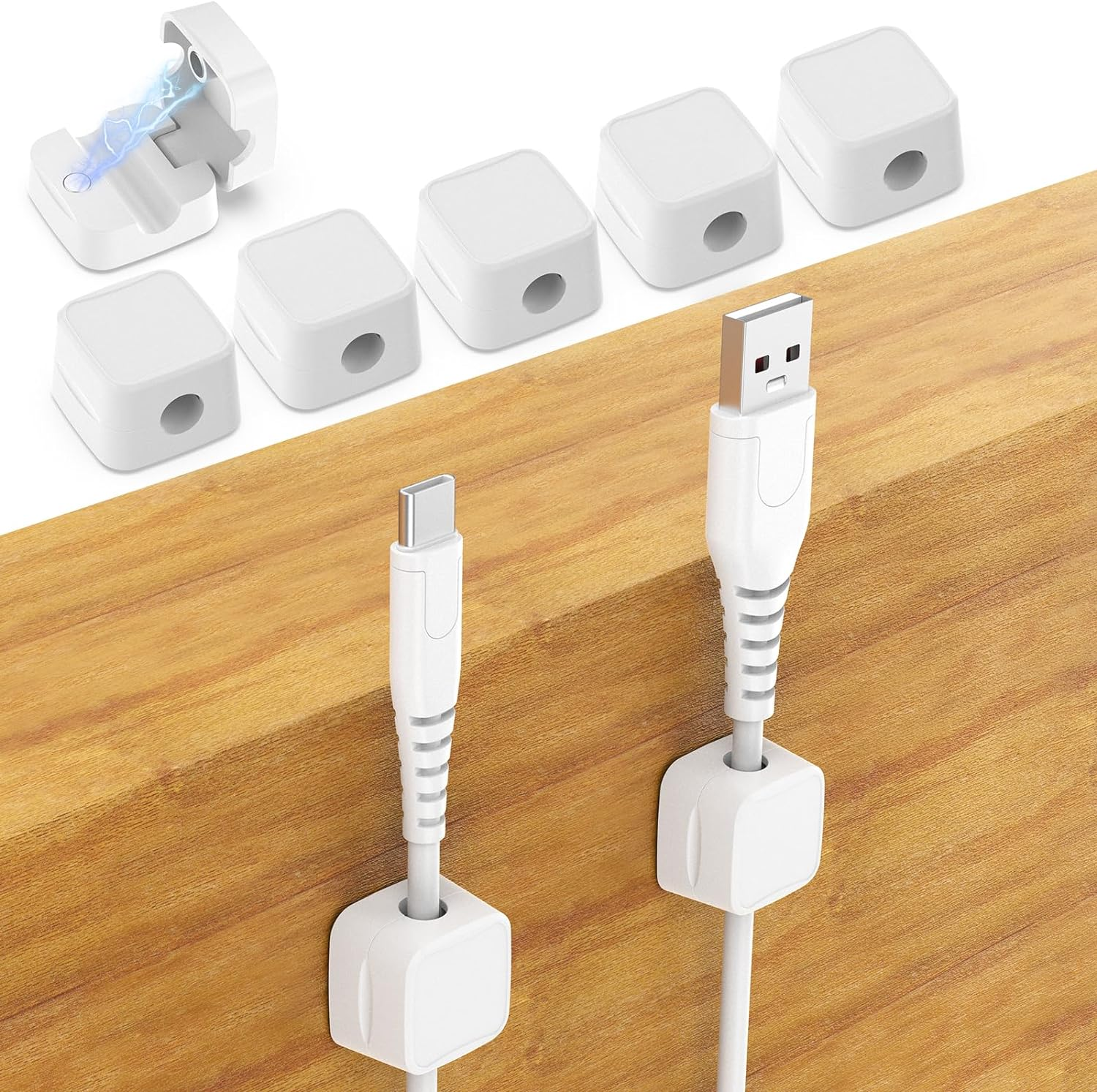 Cable Holder Clips 8 Pack Magnetic Cable Clips Self Adhesive USB Charger Cable Organizer Wire Cord Management for Office & Home Wall Desktop Car (White) image number 2