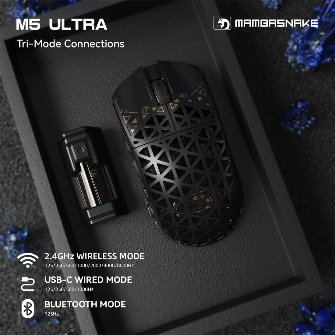 MAMBASNAKE M5 Ultra Carbon Fibre 8000Hz Wireless Gaming Mouse, 39G Superlight, 42000DPI, PAW3950MAX Sensor, Nordic 52840 Chip, Bluetooth/2.4G/Usb-C Wired Mice with Mouse Coiled Cable, for Pc/Mac image number 4