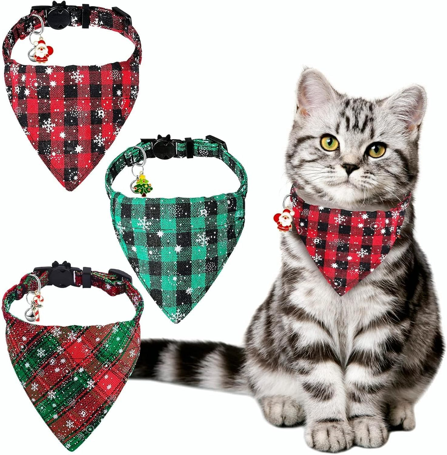 DIYDEC Pack of 3 Christmas Cat Bandana, Adjustable Pet Christmas Bandana, Dog Triangle Bib, Snowflakes, Plaid with Bell, Safety Quick Release for Xmas Costume, Kittens and Puppies