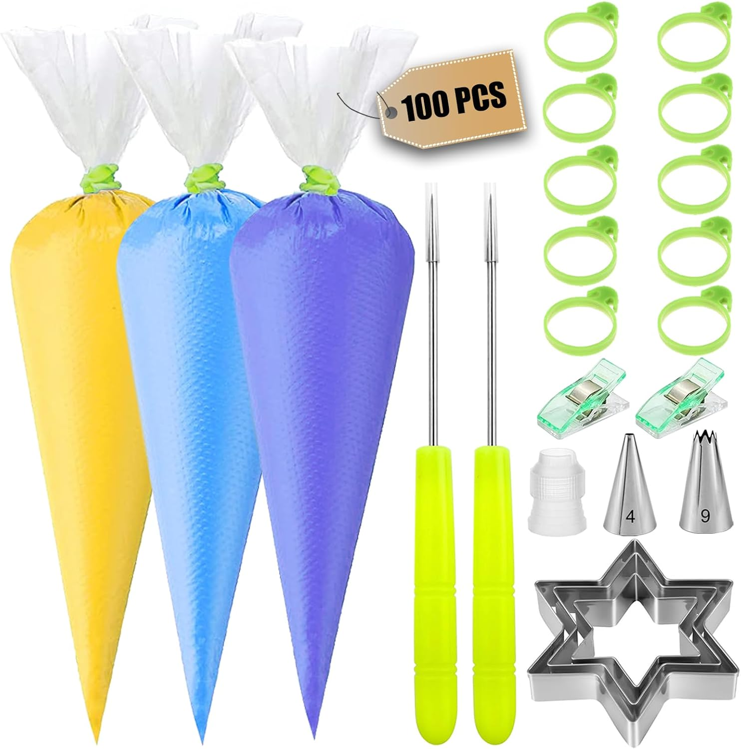 Makmeng 120Pcs Tipless Piping Bags, 100Pcs 12Inch Disposable Pastry Bags for Royal Icing Cookies Decorating - Icing Frosting Bags and Tips Set with 10 Bags Ties, 3 Cookie Cutters & 2 Scriber Needle image number 4