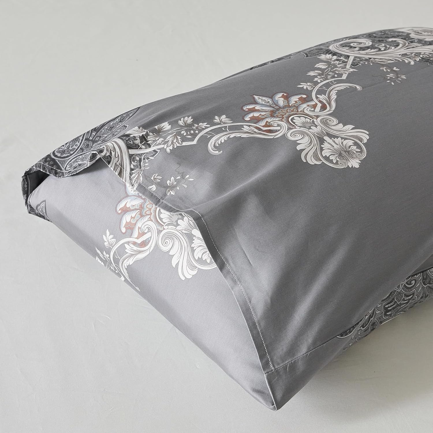 Yuheguoji 100% Egyptian Cotton 3 Pieces Duvet Cover Set Modern Printed Pattern Bedding Set 1 Duvet Cover with Zipper Ties 2 Pillow Cases Luxury Quality Soft Breathable Comfortable Durable Easy Care, Cotton, Grey Paisley, King