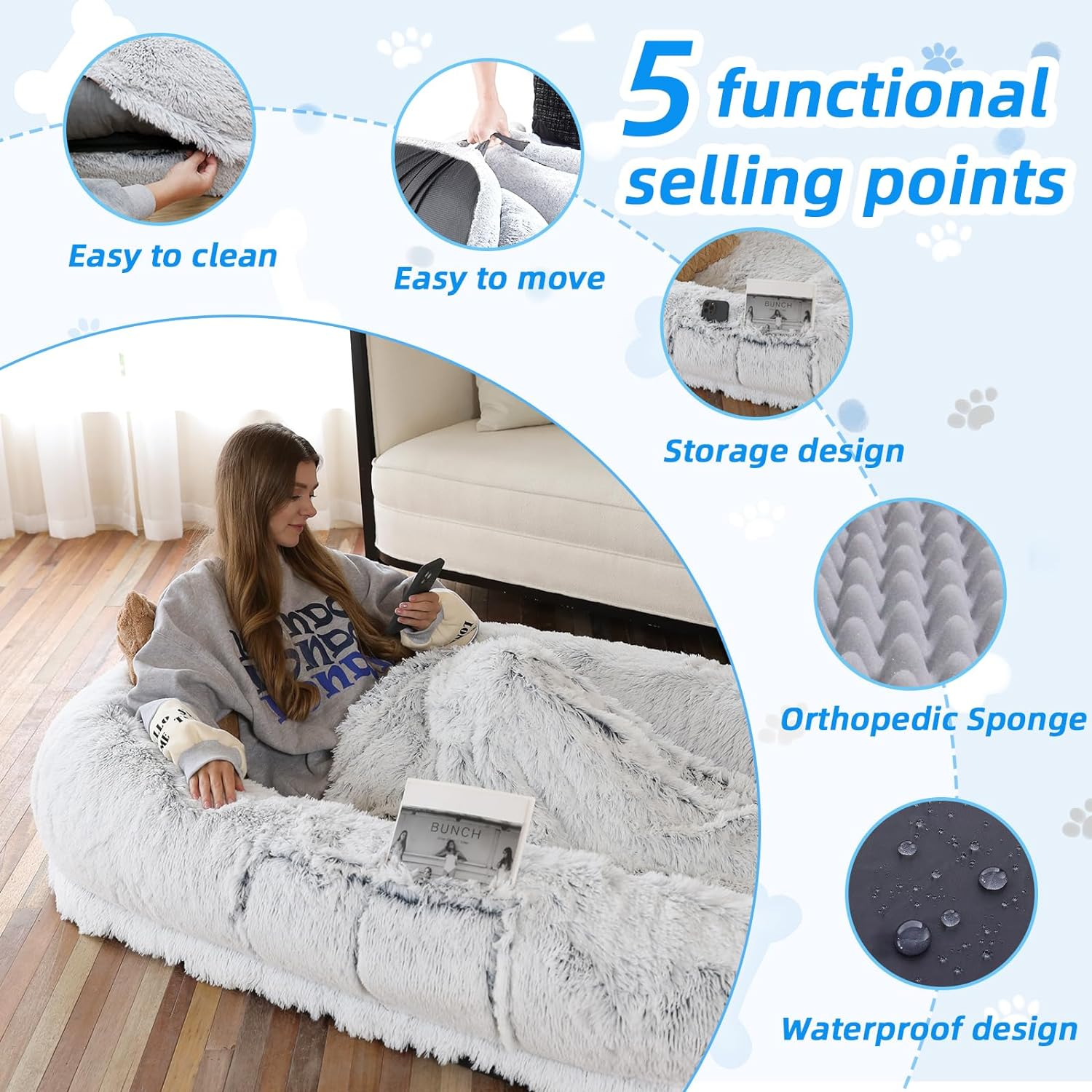 WROS Human Dog Bed, 71''X45''X12'' Size Fits You and Pets, Washable Faux Fur Dog Bed for People Doze Off, Napping Orthopedic Dog Bed, Present Plump Pillow, Blanket, Strap - Grey image number 3