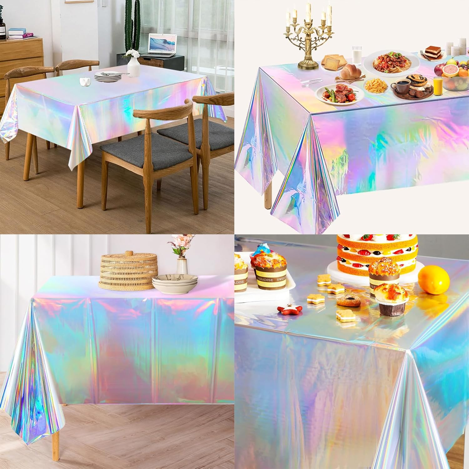 4 Pack Iridescent Tablecloths - Shiny Laser Rectangle Table Covers for Parties, Events, Birthdays, Weddings, and Celebrations - Holographic Foil Decoration image number 6