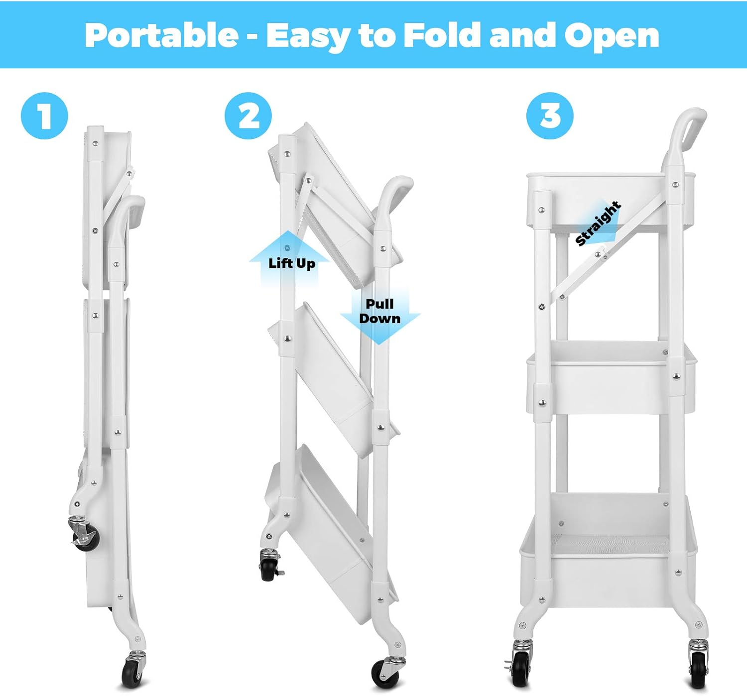 Johgee Foldable 3 Tier Metal Utility Rolling Cart, Folding Mobile Multi-Function Storage Trolley Organizer Cart for Home Library Office(White) image number 2