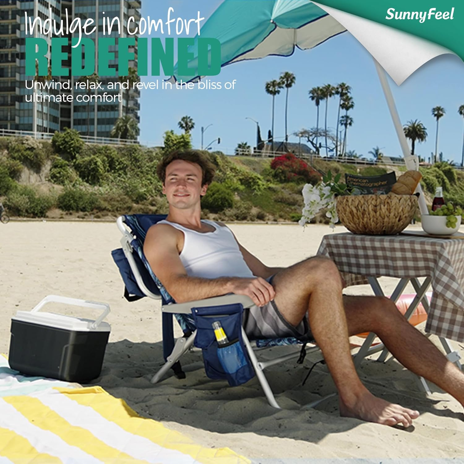 Sunnyfeel Reclining Beach Chair Outdoor Folding Lounge Chairs for Adults 5 Position Adjustable with Cooler Bag and Cushioned Neck Rest Backpack Straps, Blue image number 6