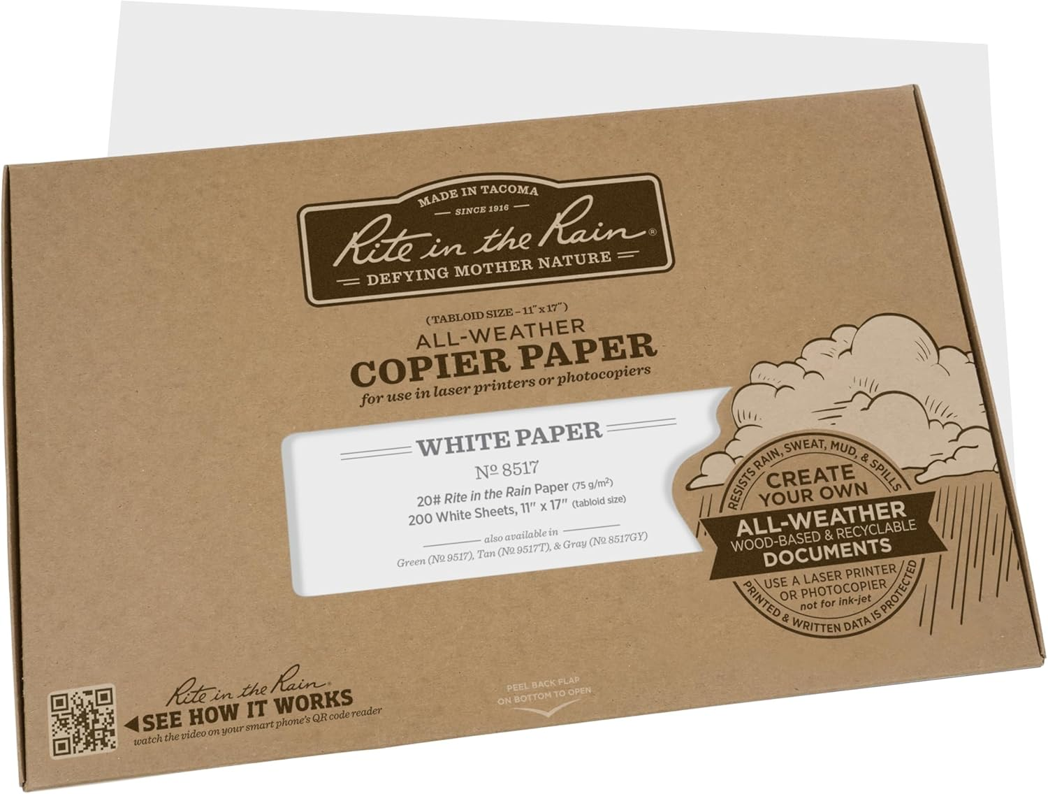 Rite in the Rain Weatherproof Copier Paper, 11" X 17", 20# White, 200 Sheet Pack (No. 8517)