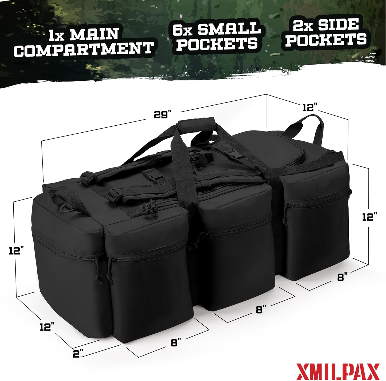XMILPAX 100L Large Military Duffle Bag Deployment Duffel Bag Sports Equipment Travel Luggage with Detachable Backpack Straps, Black - Black image number 4
