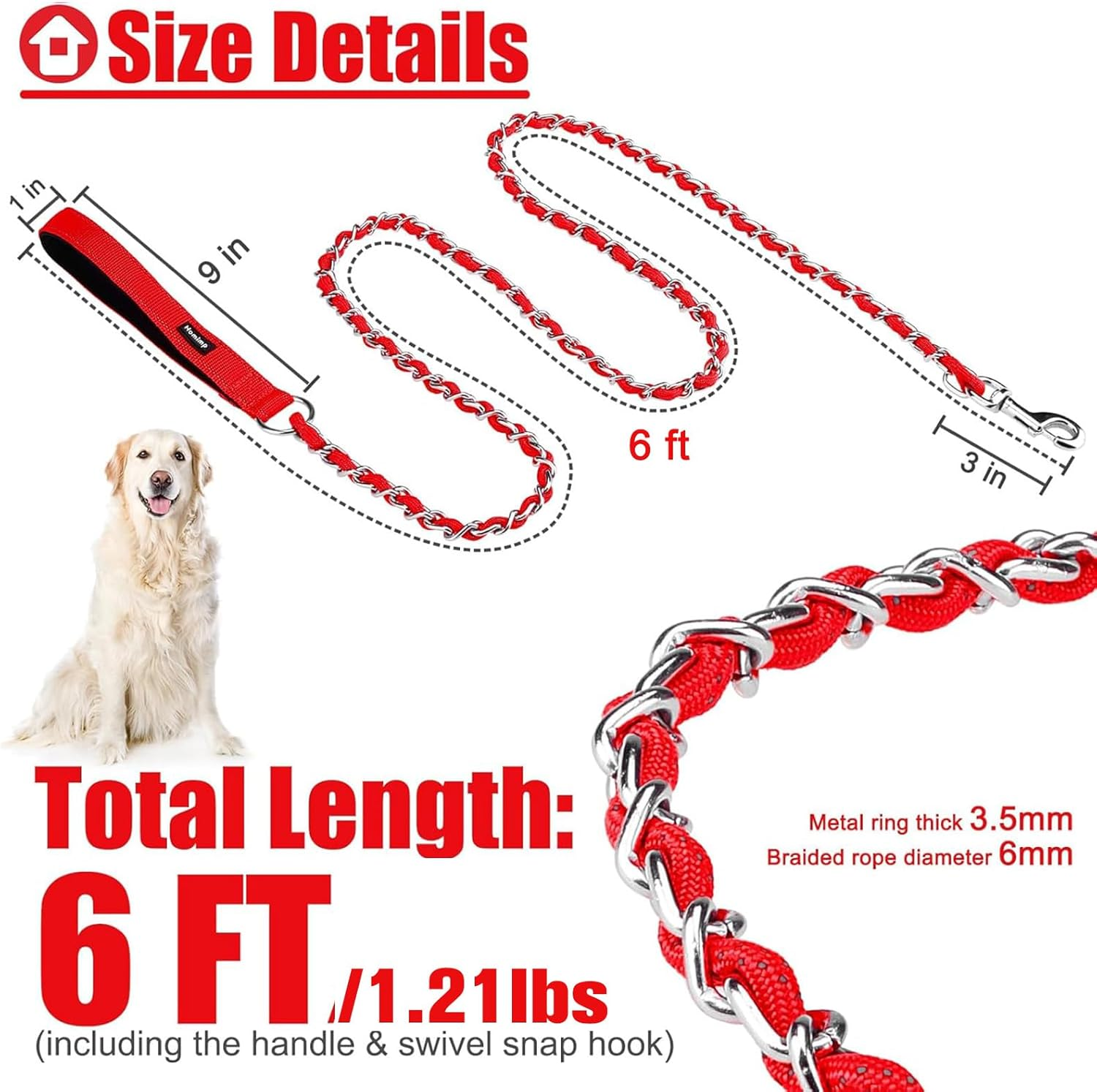 Homimp Chain Dog Leash - Reflective, Chew Proof Metal Leash for Large Dogs, 6 FT with Comfortable Soft Padded Handle, anti Bite Durable, Non Chewable (Red) image number 5