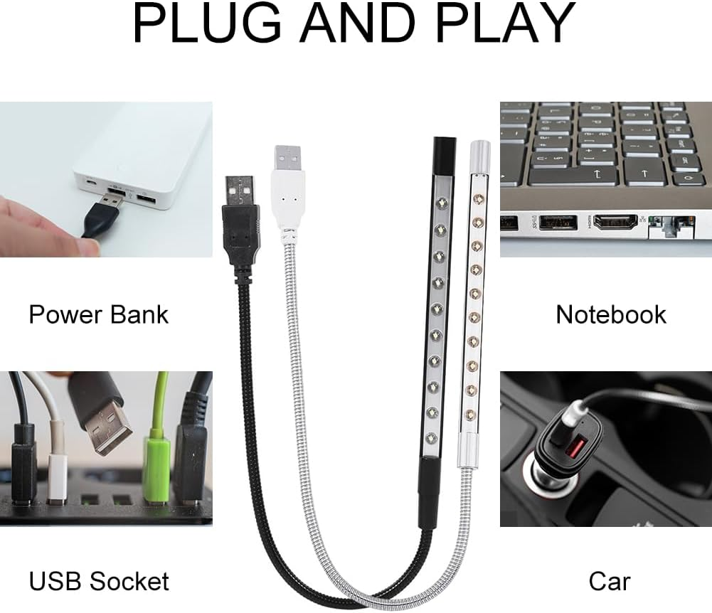 Cerioll USB Connection Reading Lamp, USB Gooseneck Lamp, Pack of 2 Notebook Reading Lamps, Flexible LED Reading Light with Gooseneck, for Book, Laptop, PC Computer (Black + Silver) image number 2