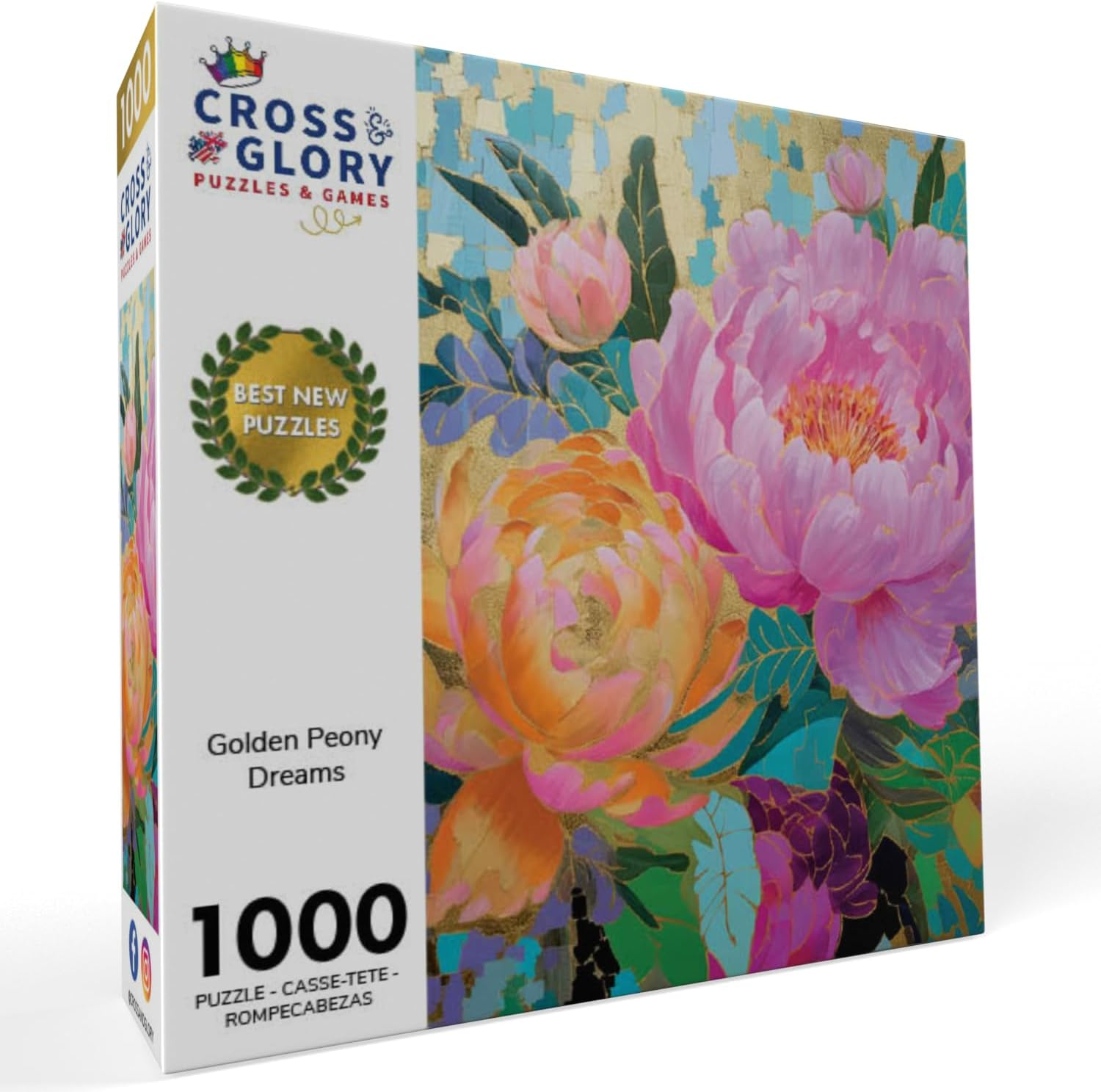Golden Peony Dreams - Beautiful 1000-Piece Jigsaw Puzzle for Adults | Vibrant Mosaic-Inspired Artwork with Gold Leaf Details | Premium Quality & Eco-Friendly | Cross & Glory Masterpiece Collection image number 1