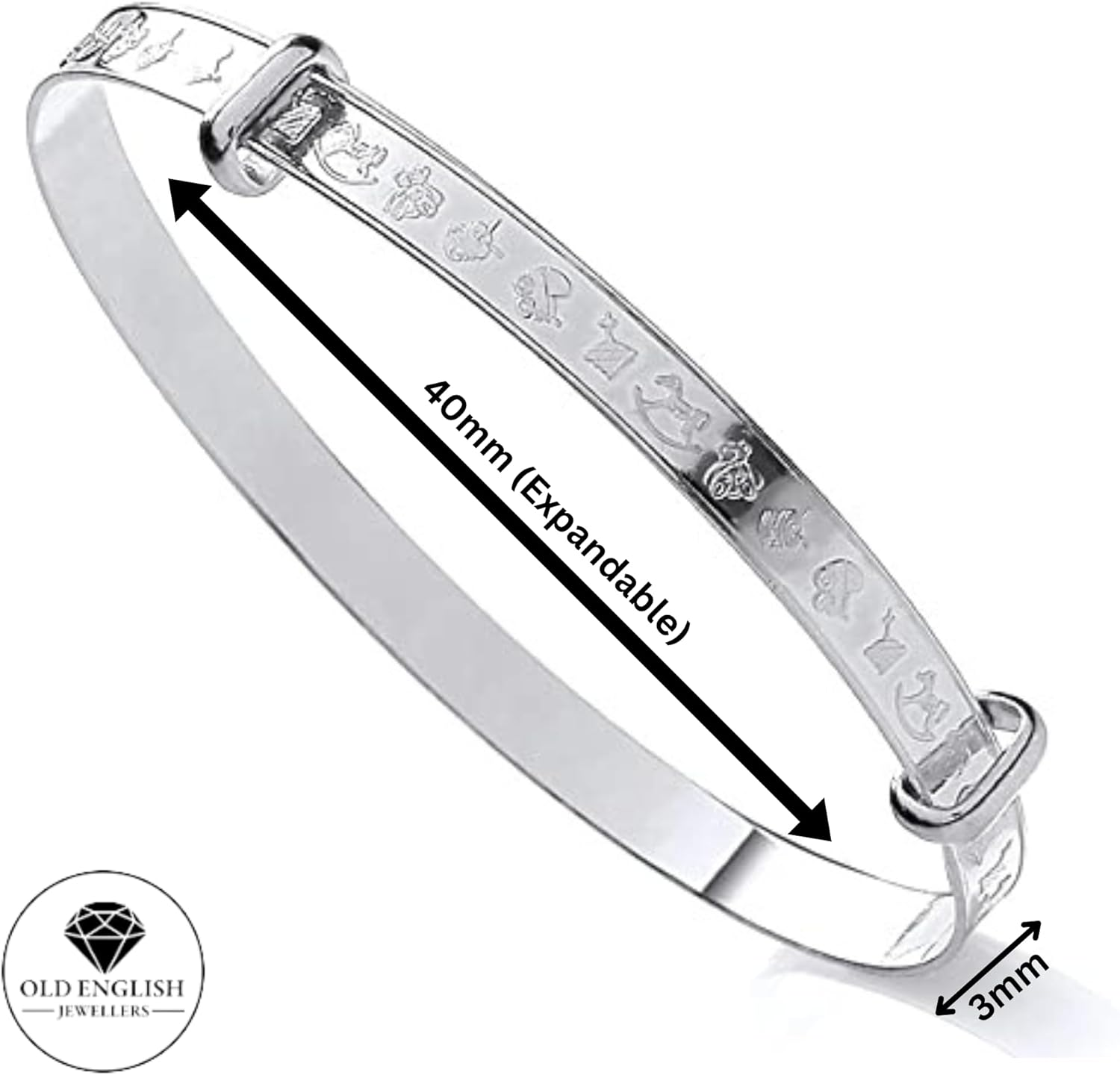 Old English Jewellers Sterling Silver Expanding Baby Bracelet Bangle - Nursery Rhyme, 40Mm, Sterling Silver