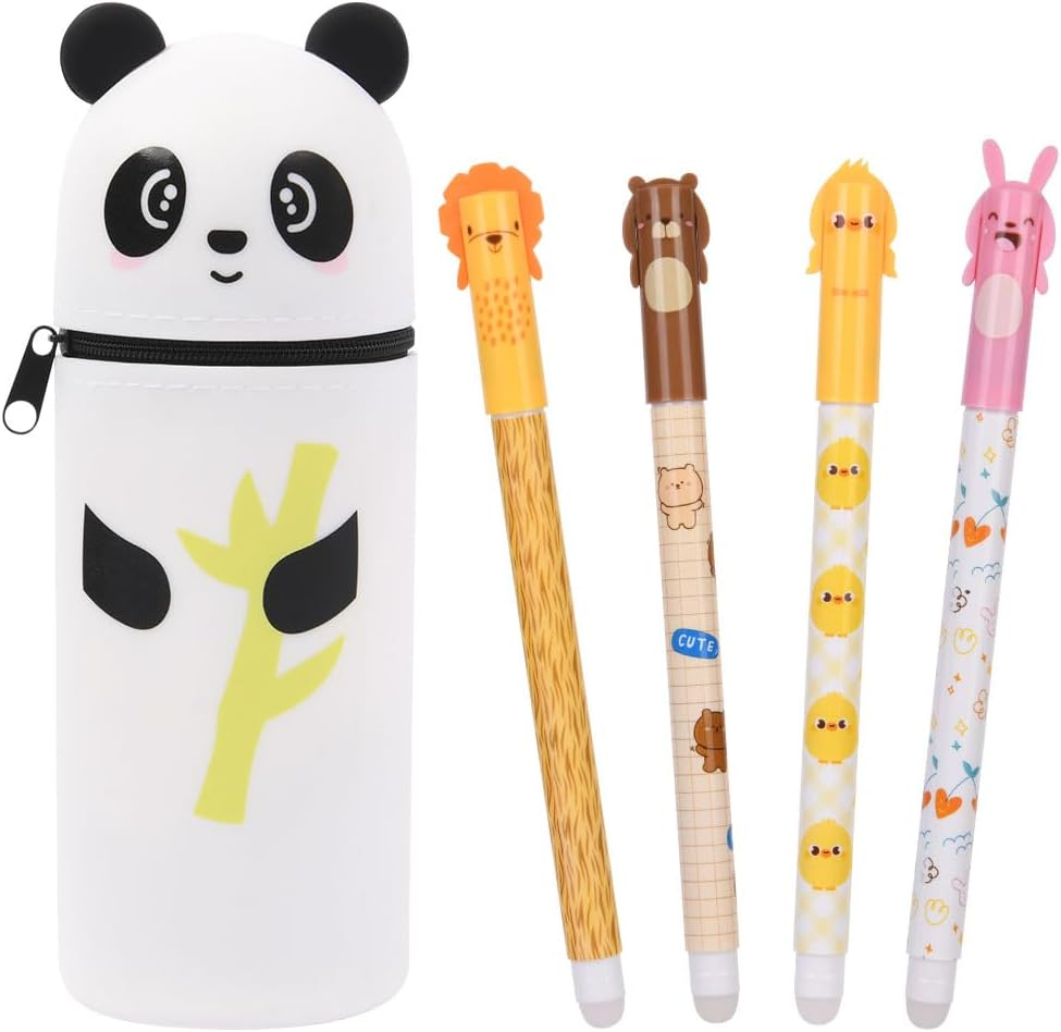 OFFCUP 2 in 1 Soft Silicone Pencil Case, Filled Pencil Case with 4Pcs Erasable Gel Pens, Kawaii Rabbit Zipper Pen Holder, Pen Pouch for Office Home or School Back to School