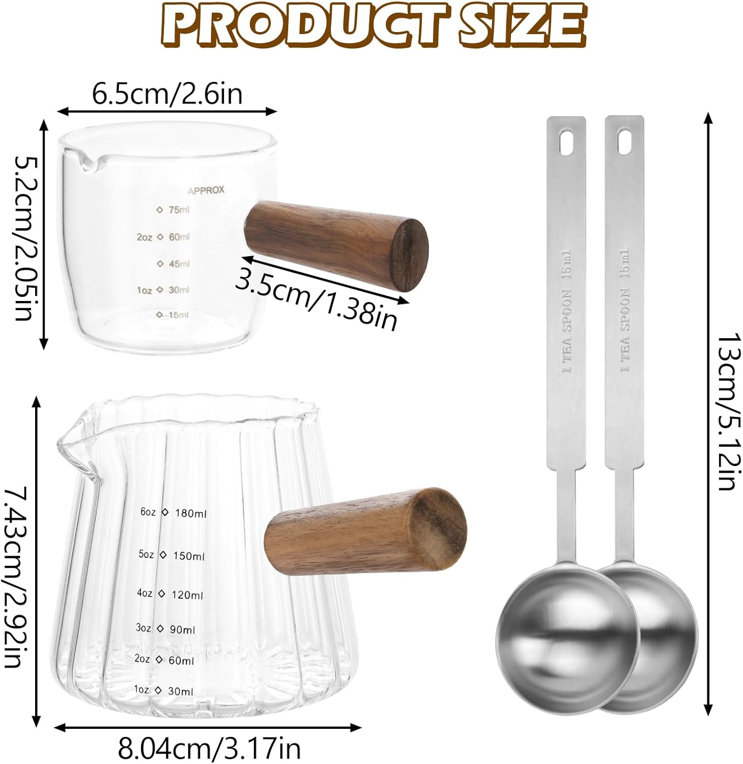 2 PCS Espresso Shot Glass with Coffee Measuring Spoons, Single Spout Glass Measuring Cup, Wood Handle, Dual Scale, Accessories for Coffee Milk (6Oz, 2.5Oz) image number 6