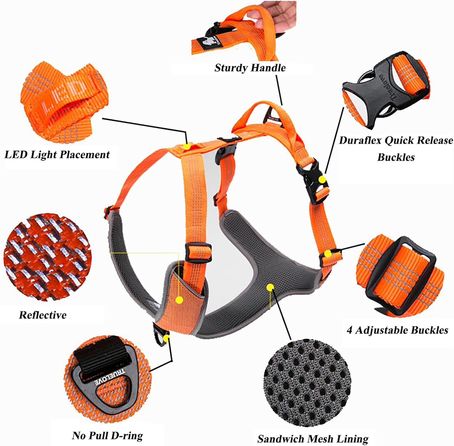 TRUE LOVE Dog Harness Outdoor Adventure II Reflective Vest 2 Leash Attachments Matching Leash Collar Available TLH6071 （Black, L: Chest 68-82Cm/27-32.5In image number 5