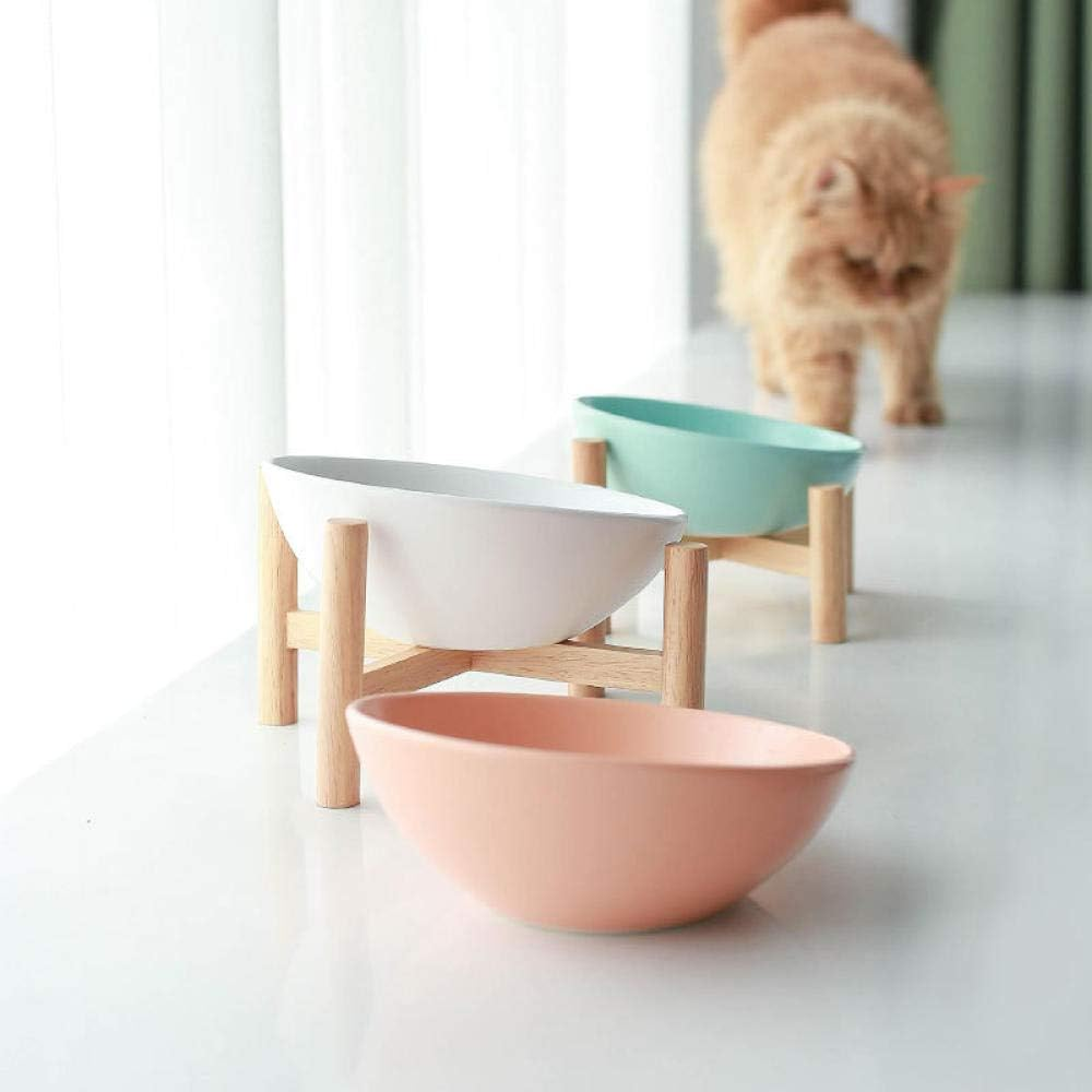 Dog Bowls and Dishes Orange Ceramic Pet Feed Bowl Cat Dog Bowls Tilted Elevated Raised Pet Bowl with Wood Stand Feeder for Dogs Cats 600Ml