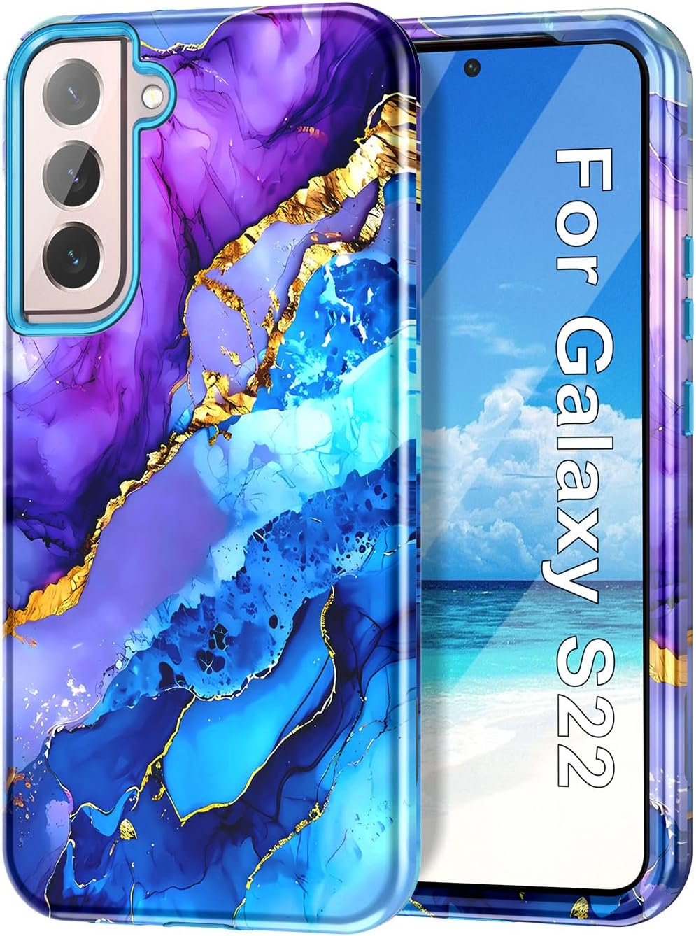 Btscase for Samsung Galaxy S22 5G Case,Marble Pattern 3 in 1 Heavy Duty Shockproof Full Body Rugged Hard Pc+Soft Silicone Drop Protective Women Girl Cover for Samsung Galaxy S22 6.1 Inch,Sky Blue - Colorful image number 7