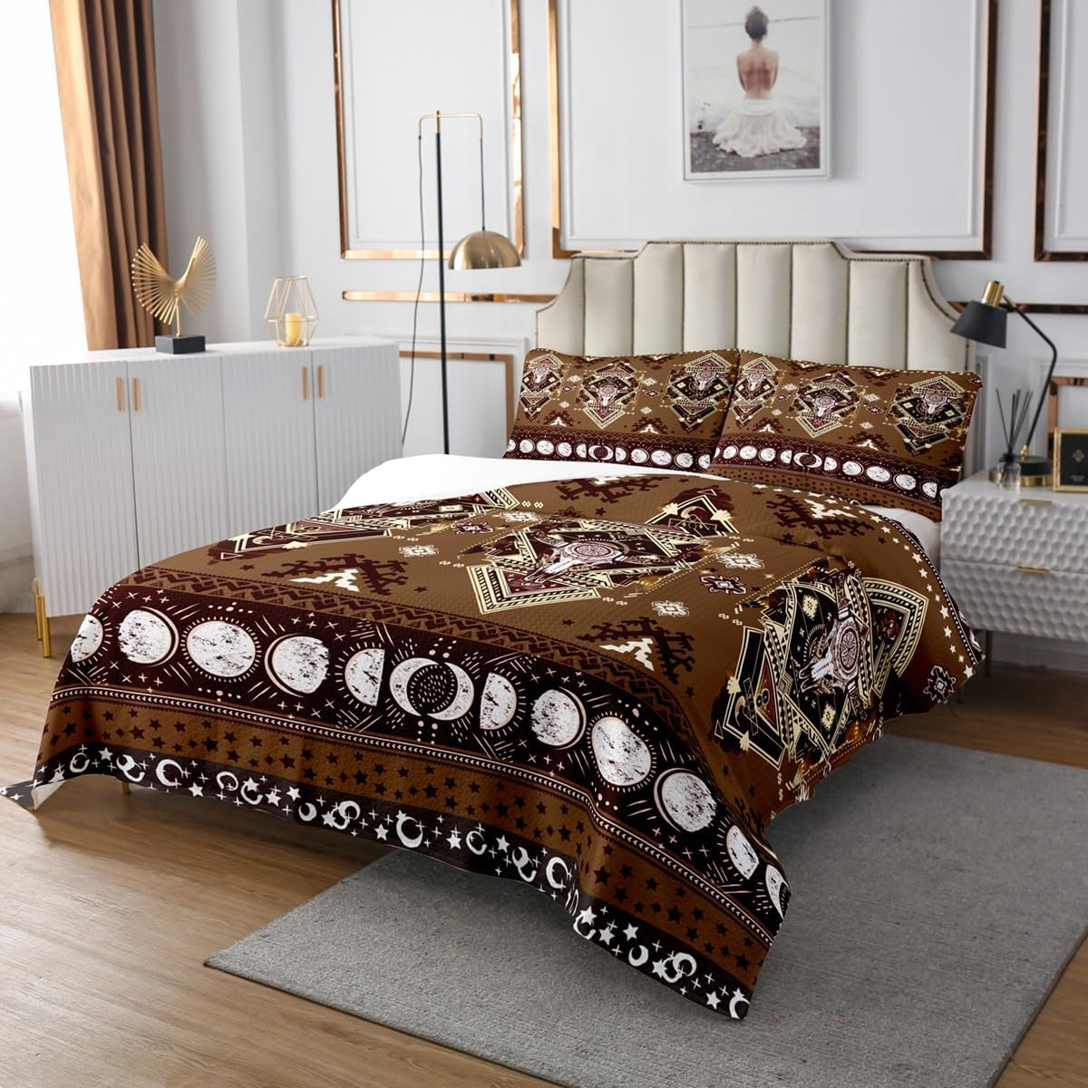 Manfei Rustic Cow Skull Bedspread Western Cowboy Bedding Set M Size Hand Drawn Moon Starry Sky Comforter Set Brown Aztec Tribal Coverlet Quilt Children Girls Adult Room Decor image number 3