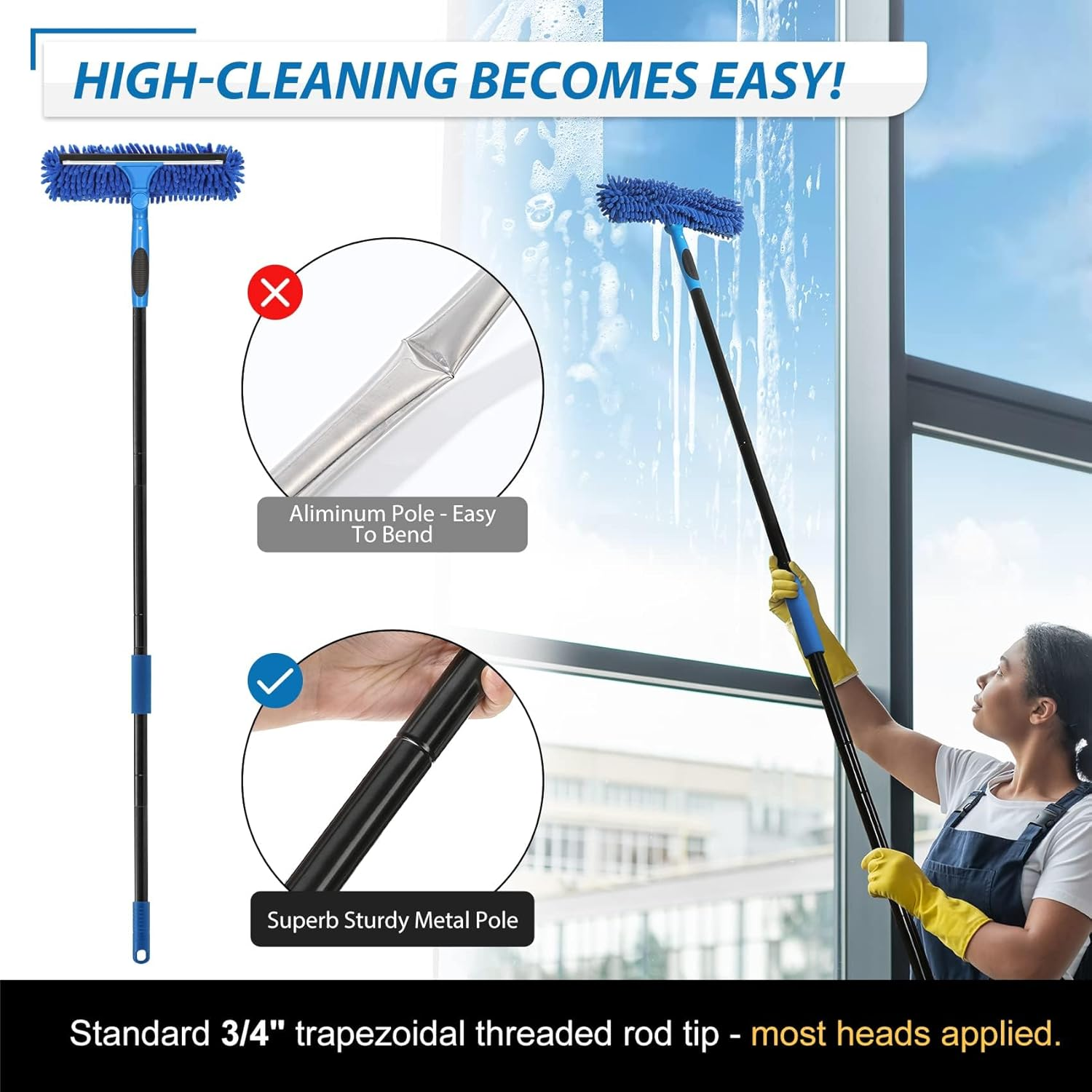 Professional 69'' Window Squeegee Cleaner Tool with Extension Pole, 2-In-1 Squeegee for Window Cleaning Kit with Scrubber and Rotating Head, 1 Blade 2 Scrubber (Blue)