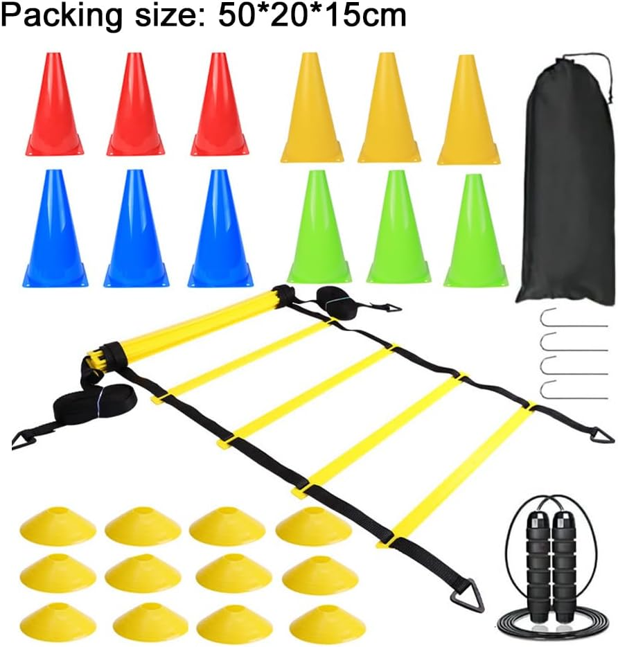 TOMVAES Agility Training Equipment Set - Includes 12 Cones,4 Hooks,12 Ground Obstacles,Agility Ladder,Jump Rope,Carry Bag,Football Kick Trainer for Soccer Basketball Boxing Softball Footwork Sports image number 4