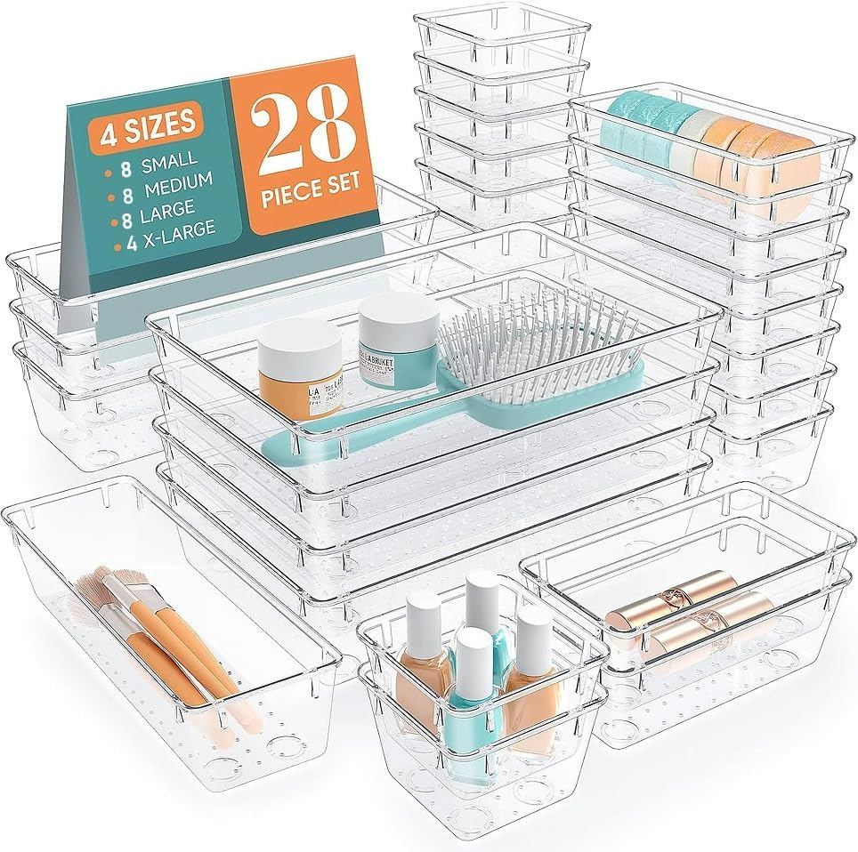28Pcs Drawer Organisers Set, 4 Sizes Clear Plastic Drawer Organizer & Vanity Organiser for Makeup & Jewelry Storage, Kitchen Utensils & Gadgets, Desk Supplies, Bathroom & Bedroom Organisation image number 4
