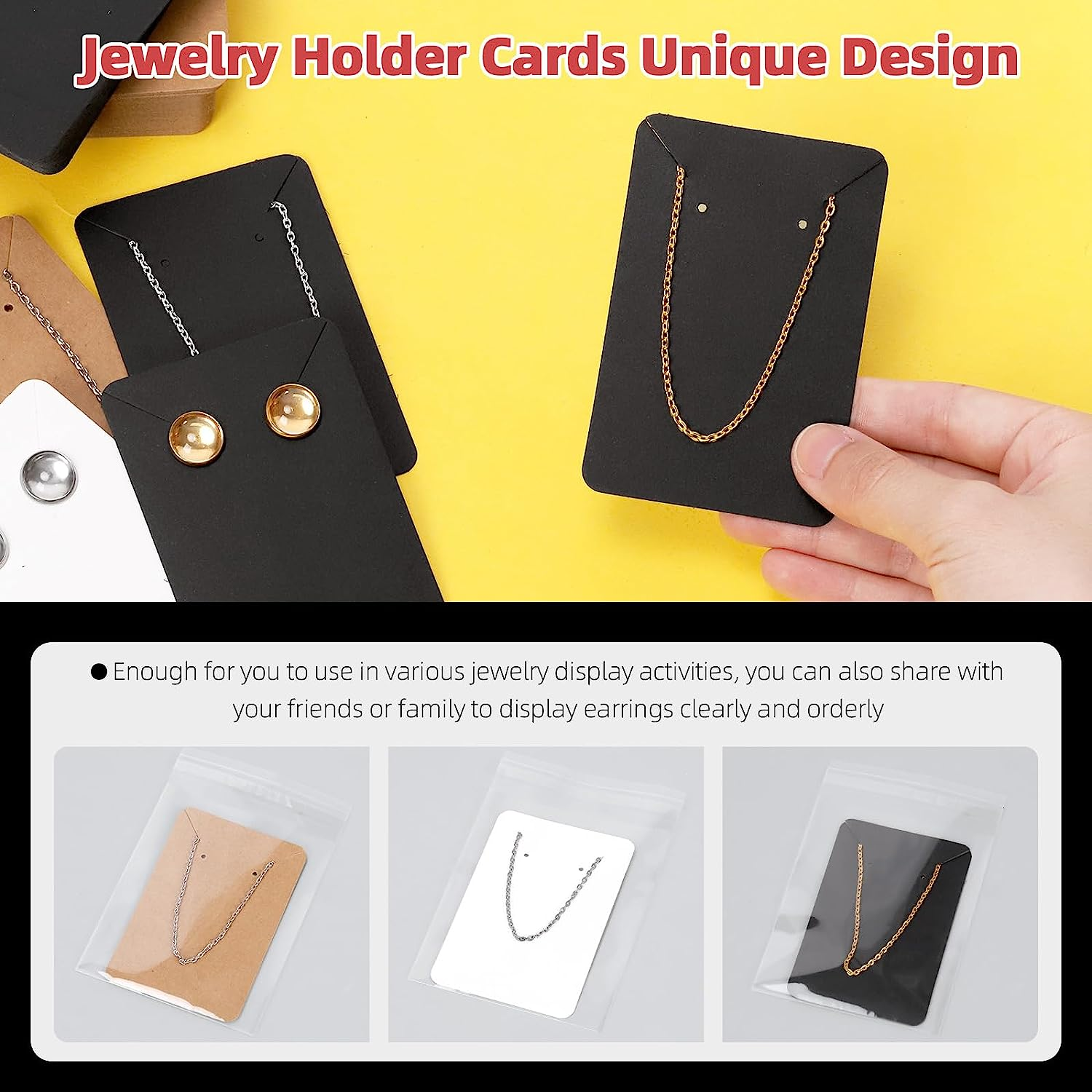 Hilitchi 550Pcs Square Earring Kit - 150Pcs 3.5"X2.4" Necklace Display Cards, 200Pcs Earring Backs, 200Pcs Self-Sealing Bags (Black/White/Brown)