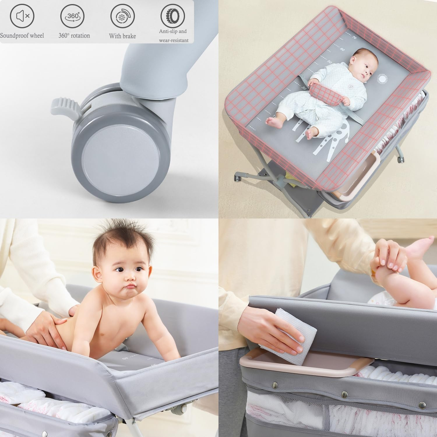 Fohouse Portable Baby Changing Table - Waterproof Diaper Changing Table with Wheels, Baby Diaper Changing Station with 3-Level Adjustable Height, Portable Changing Table with Large Organizers image number 5