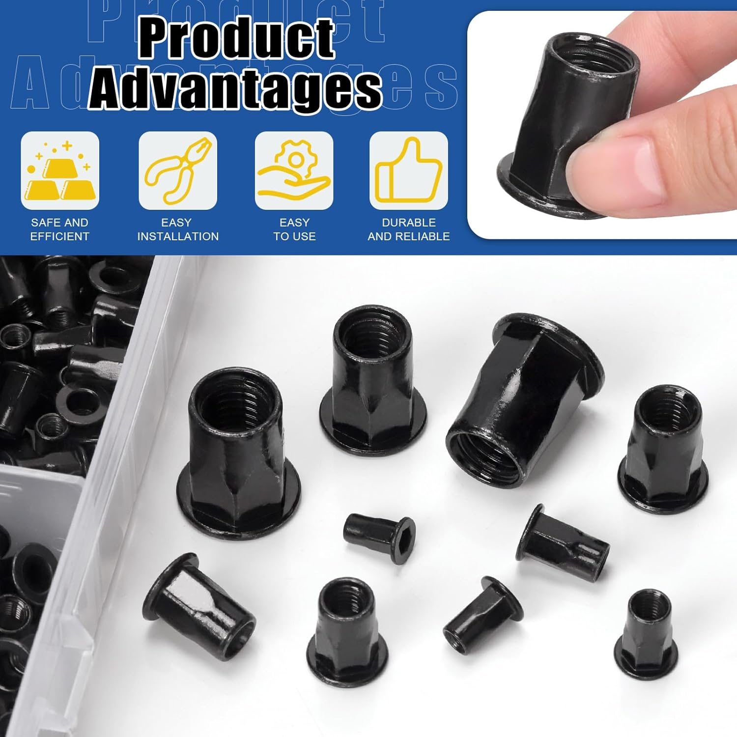 Glarks 250Pcs Thread Half Hexagonal Rivet Nuts Set M3 M4 M5 M6 M8 M10 M12 Black Zinc Plated Carbon Steel Flat Head Rivnut Threaded Insert Rivet Nuts for Construction Industrial image number 6