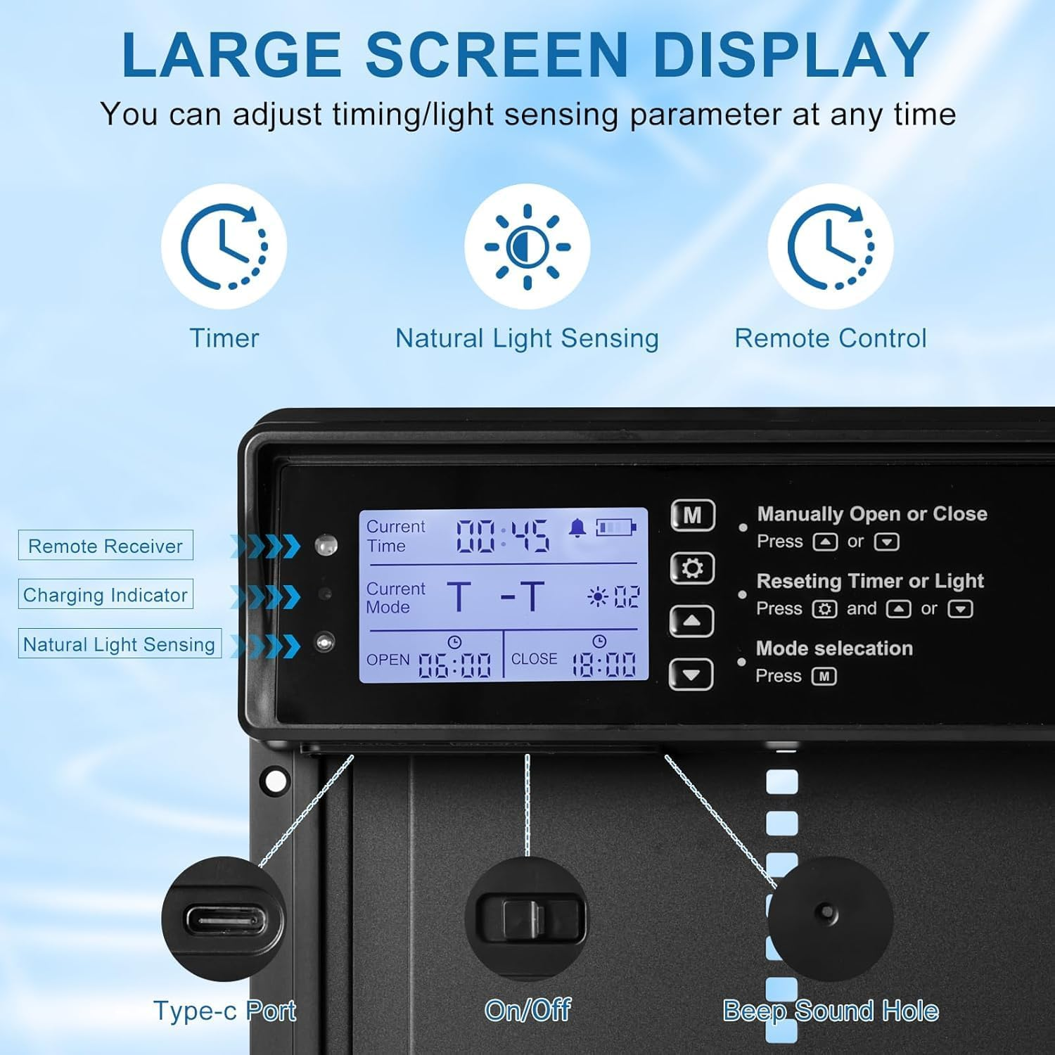 Automatic Chicken Coop Door Solar Powered, 4 Modes Auto Chicken Door Solar, Anti-Pinch & Weather Proof Coop Door with Remote Control, LCD Display Chicken Door with Timer, Light Sensor&Alert image number 4