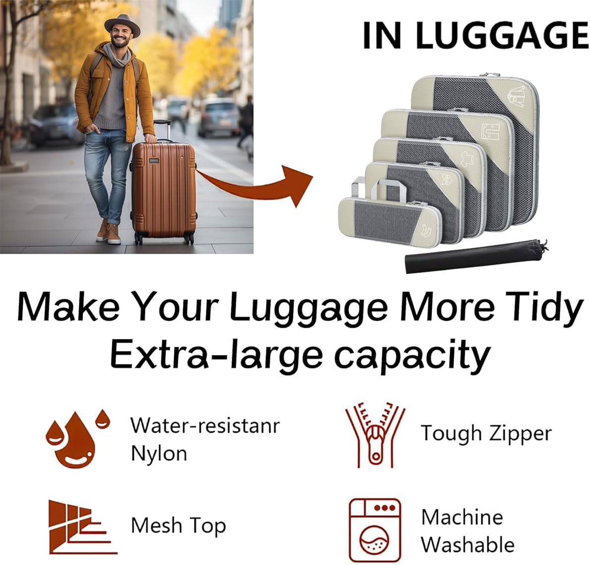 AIMALL 6-Pack Travel Storage Bags for Luggage Organizer, Compression Packing Cubes with Handles, Waterproof Nylon Mesh Laundry Bags for Travel Accessories image number 1