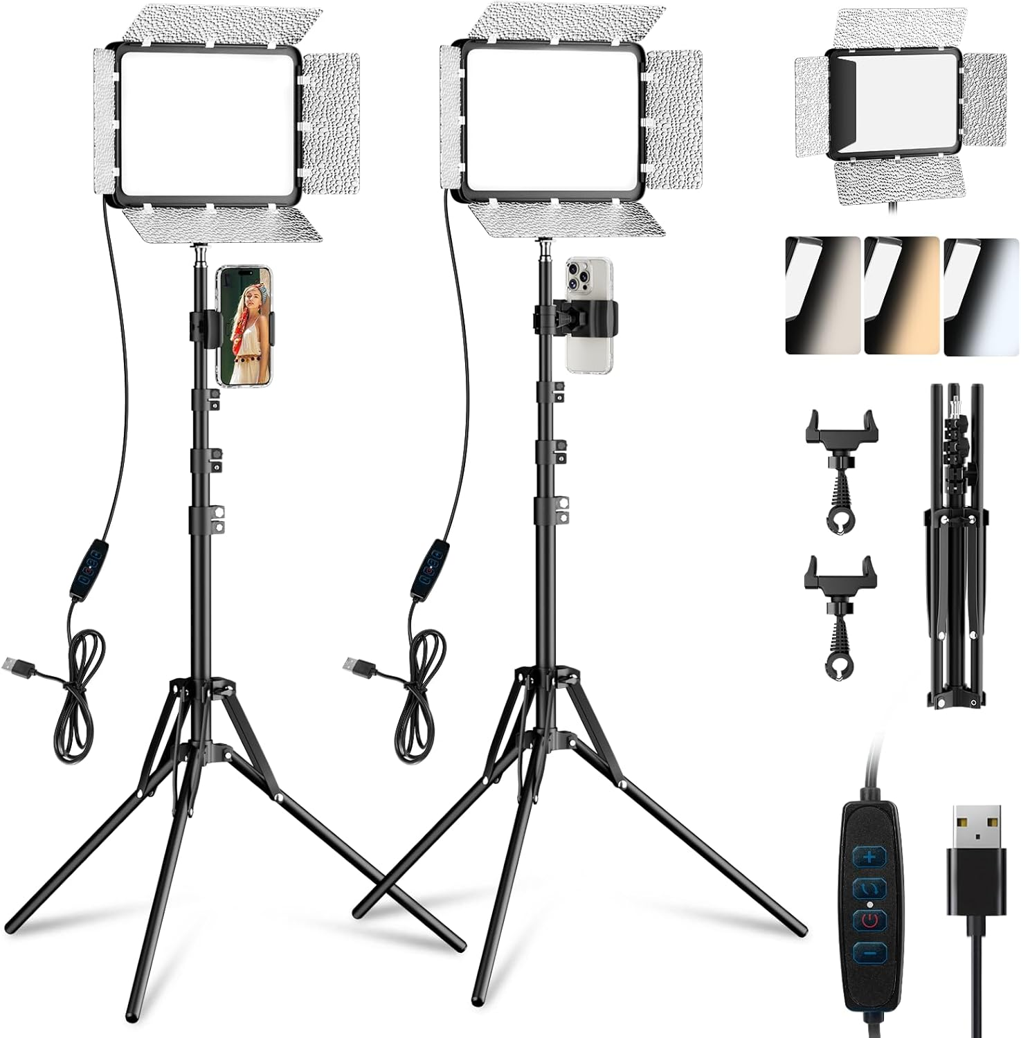2-Pack LED Video Light Kit, EMART Studio Light with Phone Holder& Light Barndoor, 2800-7000K Dimmable Photography Lighting for Video Recording, 60'' Tripod for Streaming, Youtube, Make Up image number 2