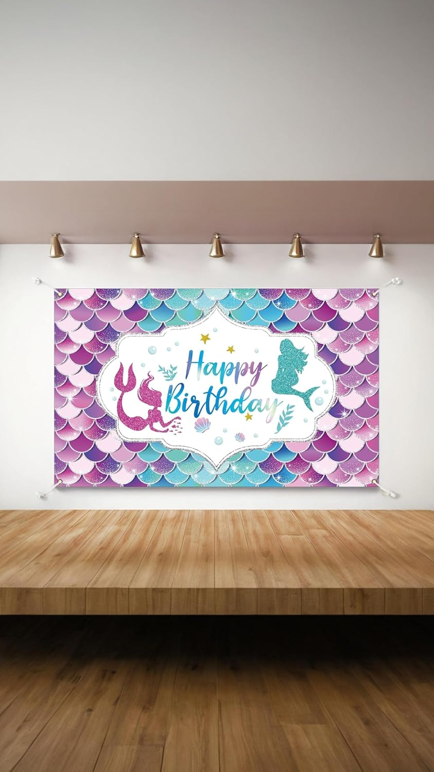 Honwor Mermaid Happy Birthday Backdrop Banner - under the Sea Princess Party Decor, Reusable, Indoor/Outdoor & Car Party Theme, Vibrant Colors, Easy Setup & Cleanup, for Kids & Teens image number 4