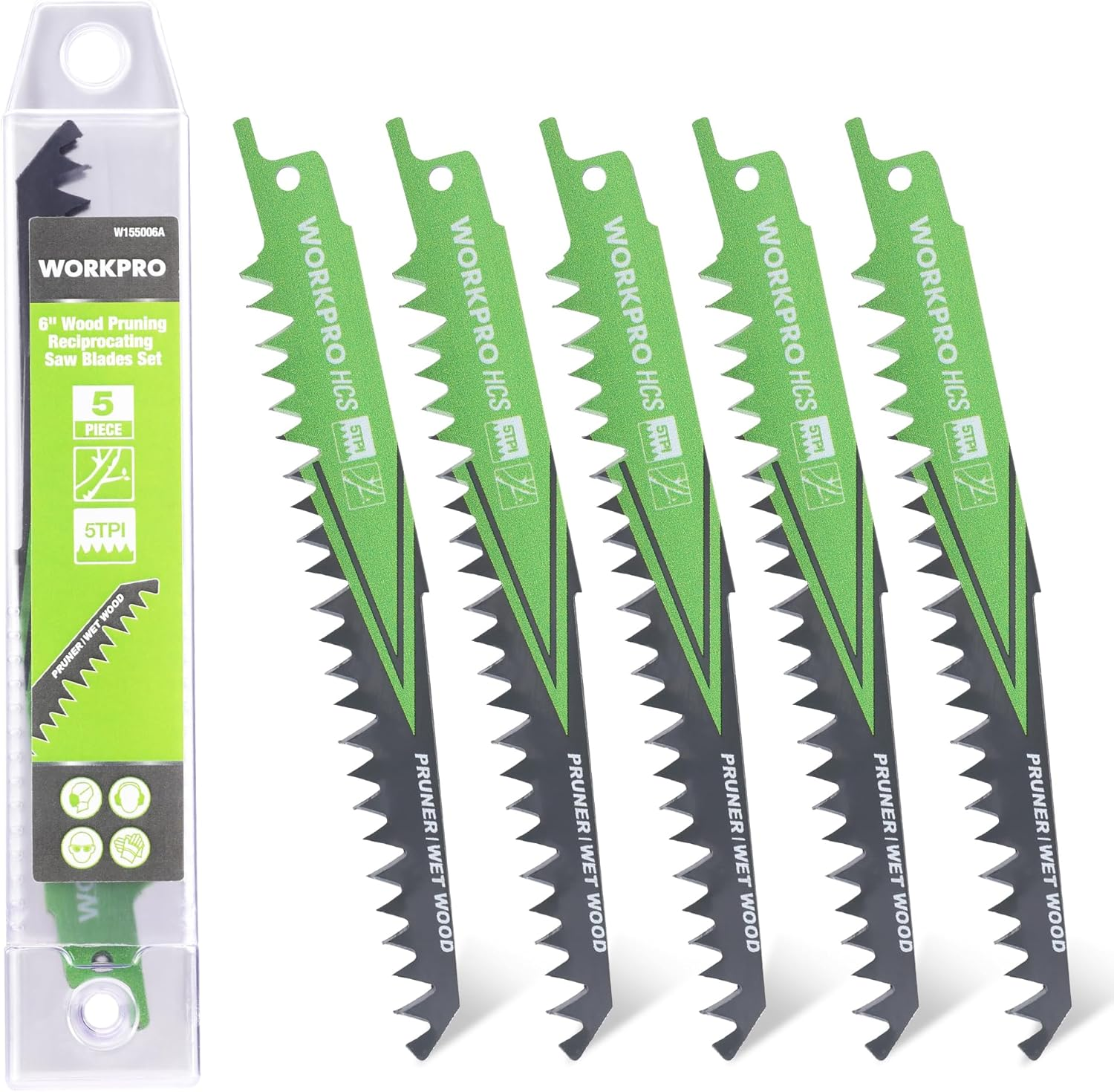 WORKPRO 5-Piece Reciprocating Saw Blades Set | Sabre Saw Blades for Cutting Branches | 152Mm 5TPI Saw Blades Set with Plastic Storage Box | Compatible with Most Reciprocating Saw image number 2