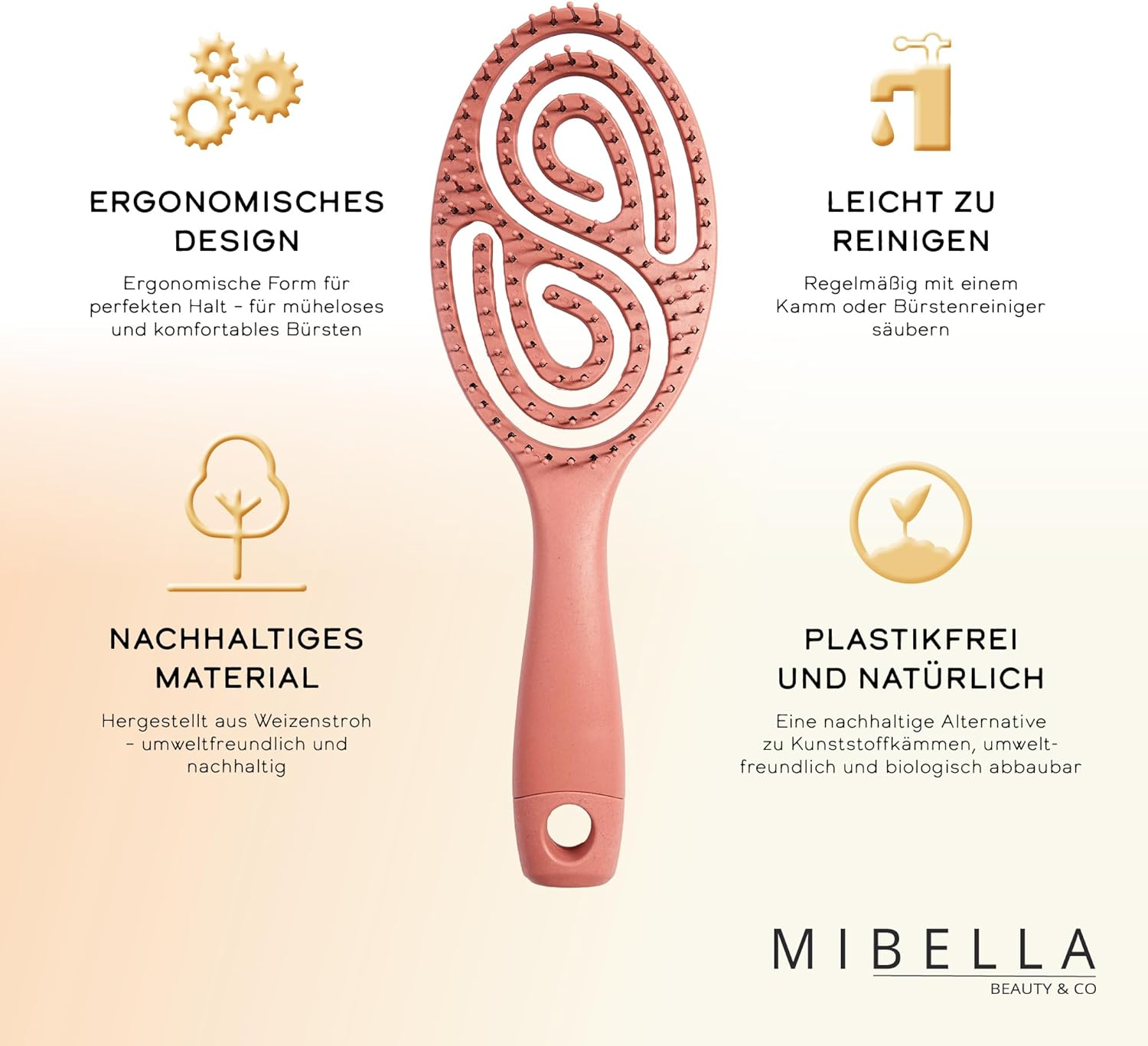 MIBELLA BEAUTY & CO Hair Brush without Pulling for Men and Women - Detangler with Spiral Cushion for Gentle Head Massage Sustainable Made of Wheat Straw image number 4